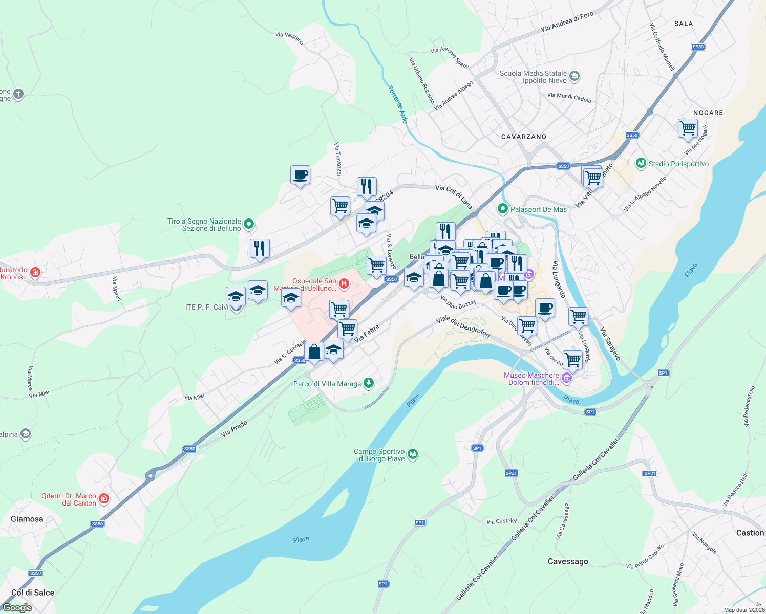 map of restaurants, bars, coffee shops, grocery stores, and more near 86 Via Feltre in Belluno