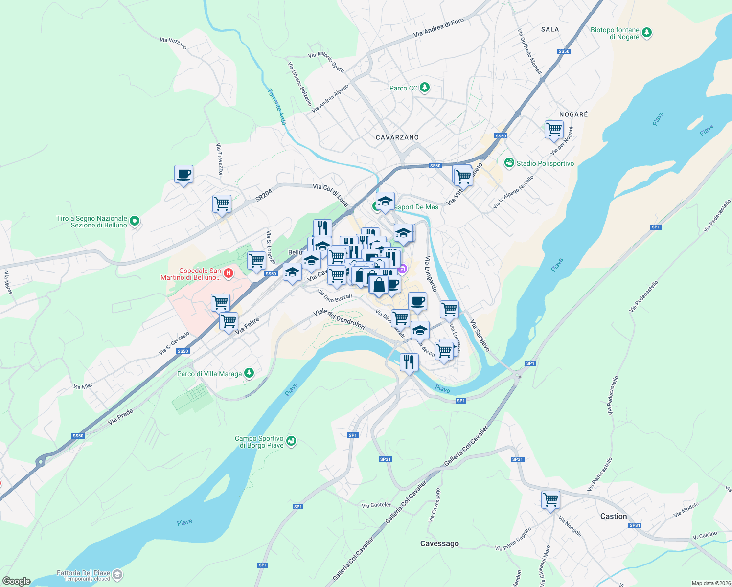 map of restaurants, bars, coffee shops, grocery stores, and more near 4bis Piazza Castello in Belluno