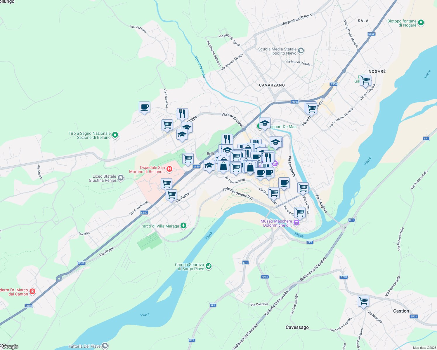 map of restaurants, bars, coffee shops, grocery stores, and more near Via Camillo Benso Conte di Cavour in San Vendemiano