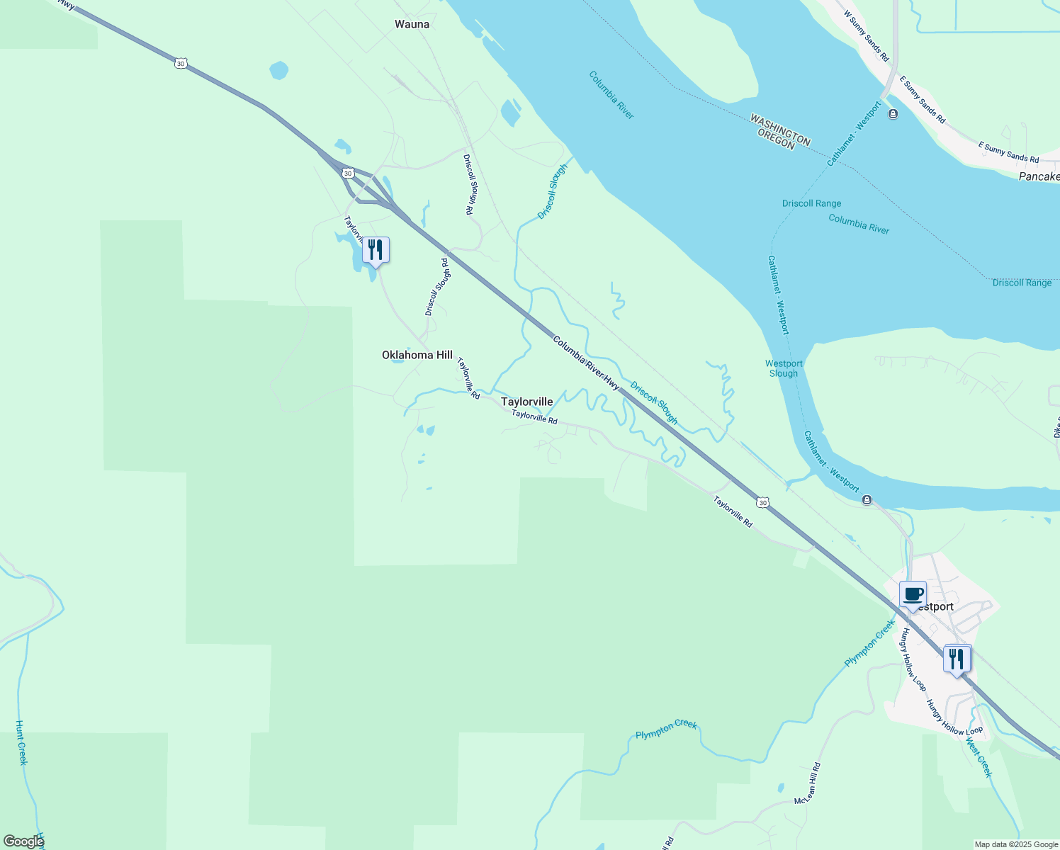 map of restaurants, bars, coffee shops, grocery stores, and more near 91768 Taylorville Road in Clatskanie