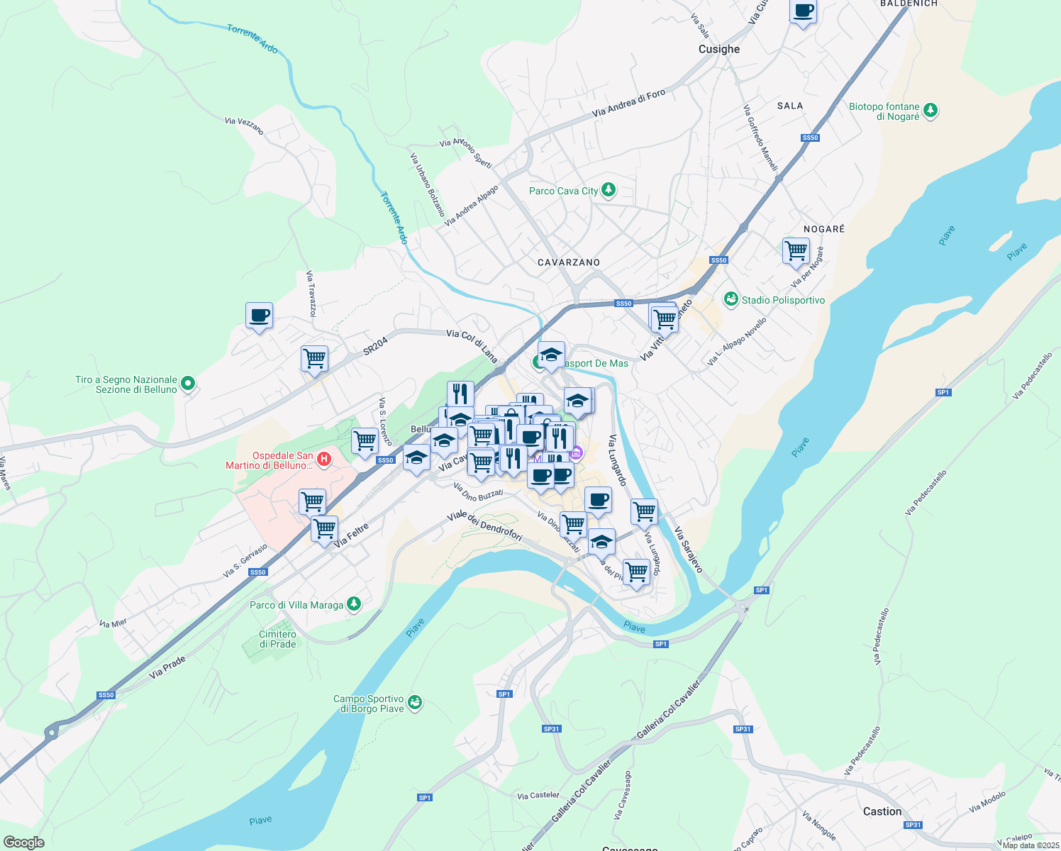 map of restaurants, bars, coffee shops, grocery stores, and more near 7 Via Gerolamo Segato in Belluno
