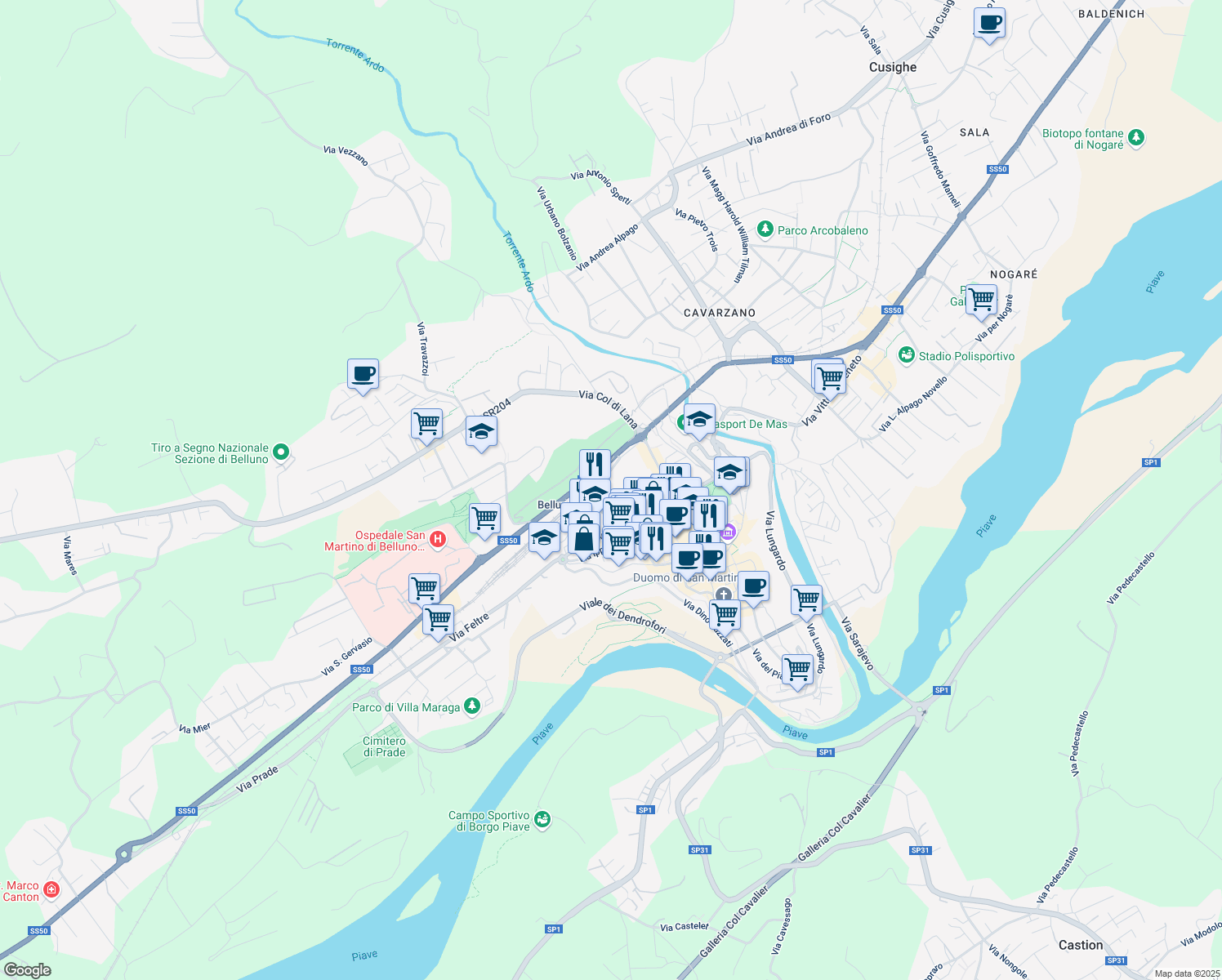 map of restaurants, bars, coffee shops, grocery stores, and more near 2 Via Giovanni De Min in Belluno