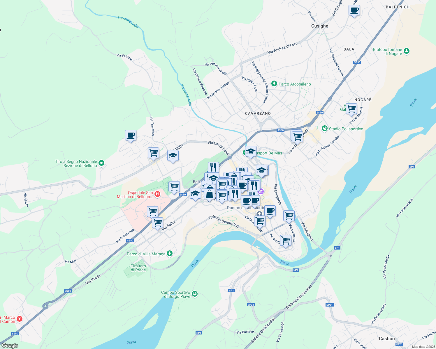 map of restaurants, bars, coffee shops, grocery stores, and more near 2 Via Giovanni De Min in Belluno