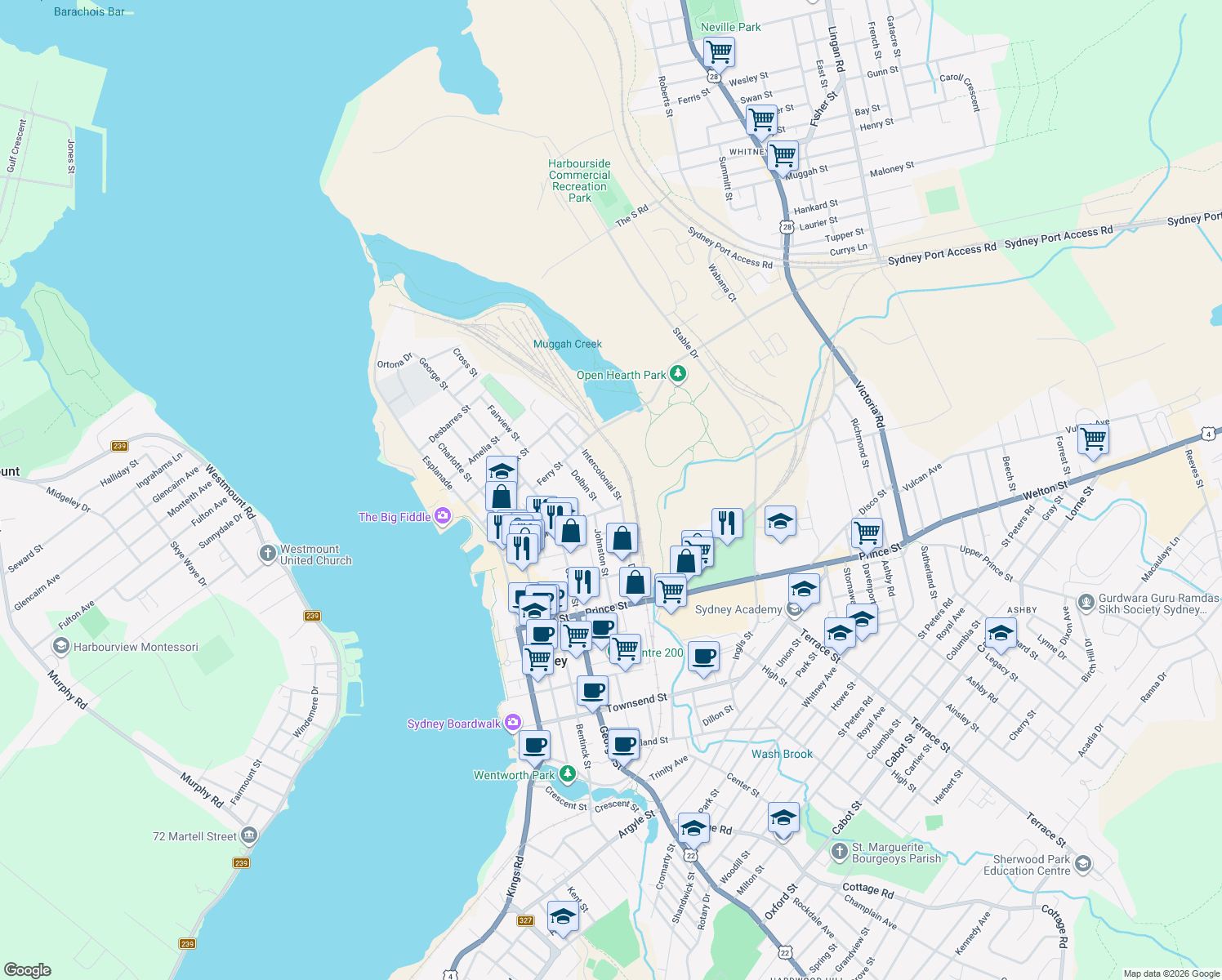 map of restaurants, bars, coffee shops, grocery stores, and more near 104 Intercolonial Street in Sydney