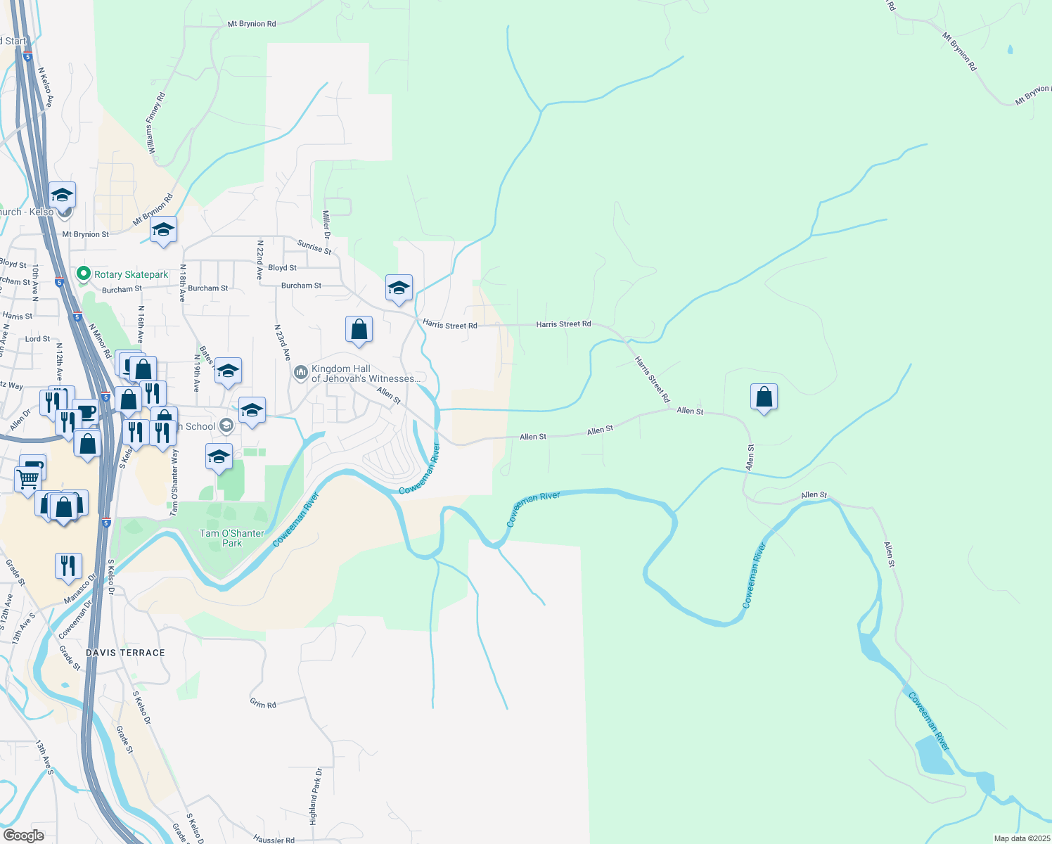 map of restaurants, bars, coffee shops, grocery stores, and more near 2745 Allen Street in Kelso