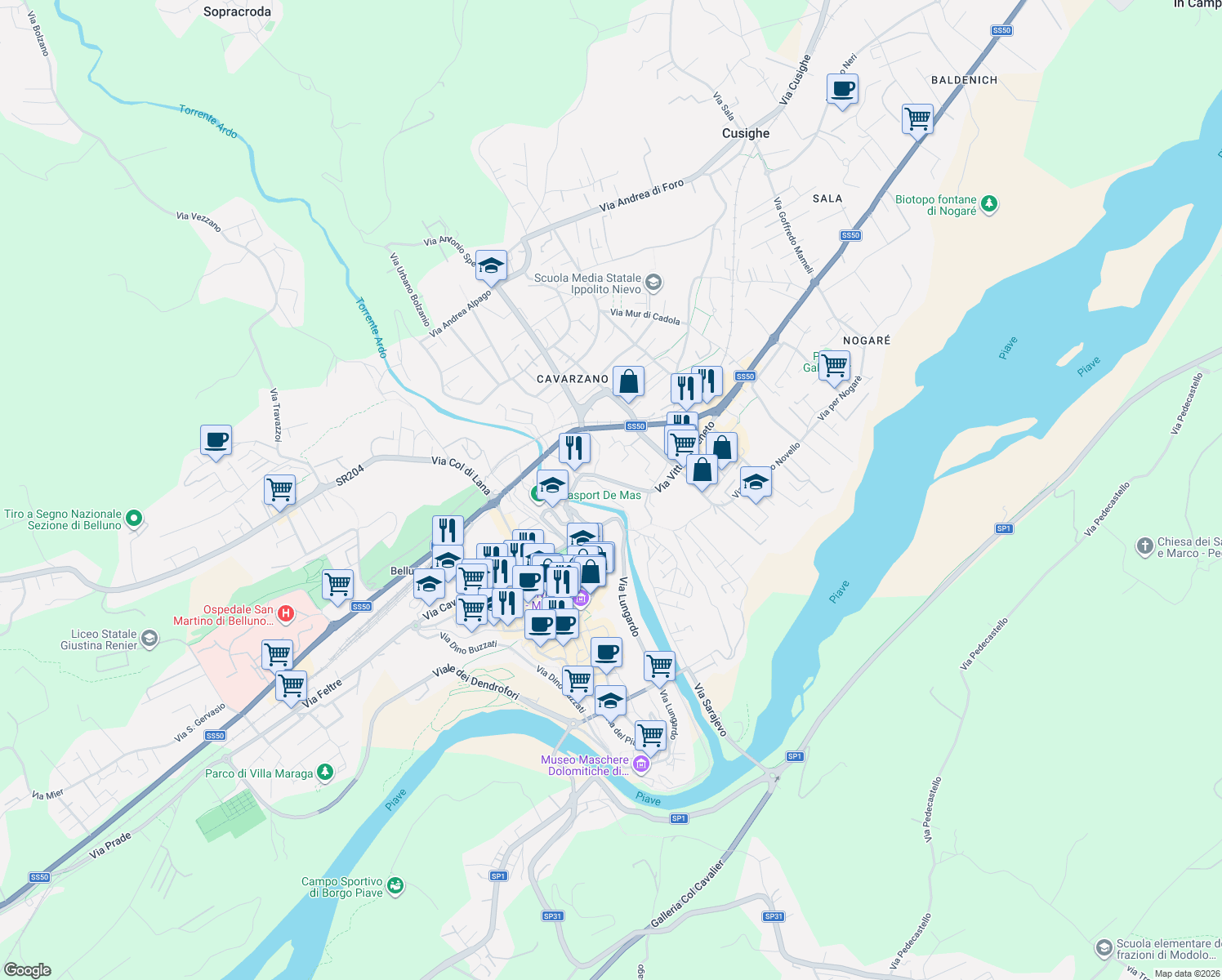 map of restaurants, bars, coffee shops, grocery stores, and more near 10 Via Vittorio Veneto in Belluno