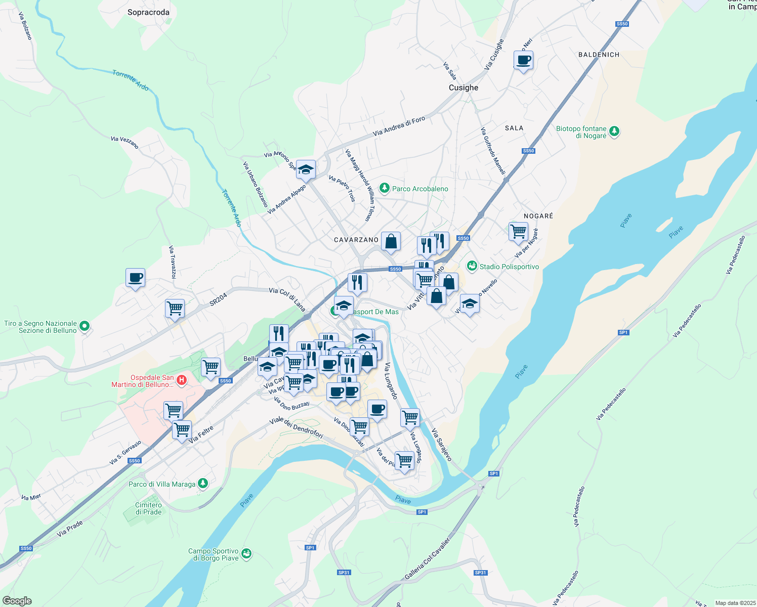 map of restaurants, bars, coffee shops, grocery stores, and more near 10 Via Vittorio Veneto in Belluno