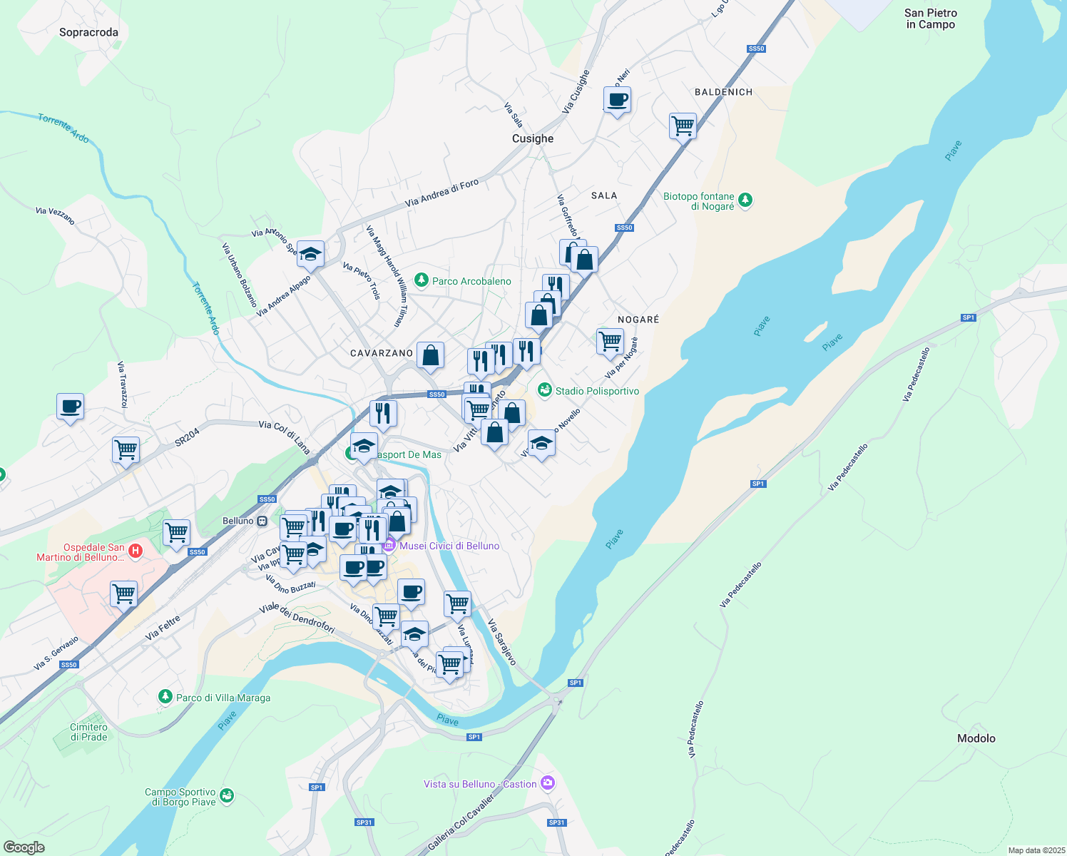 map of restaurants, bars, coffee shops, grocery stores, and more near Via Luigi Corte in Belluno