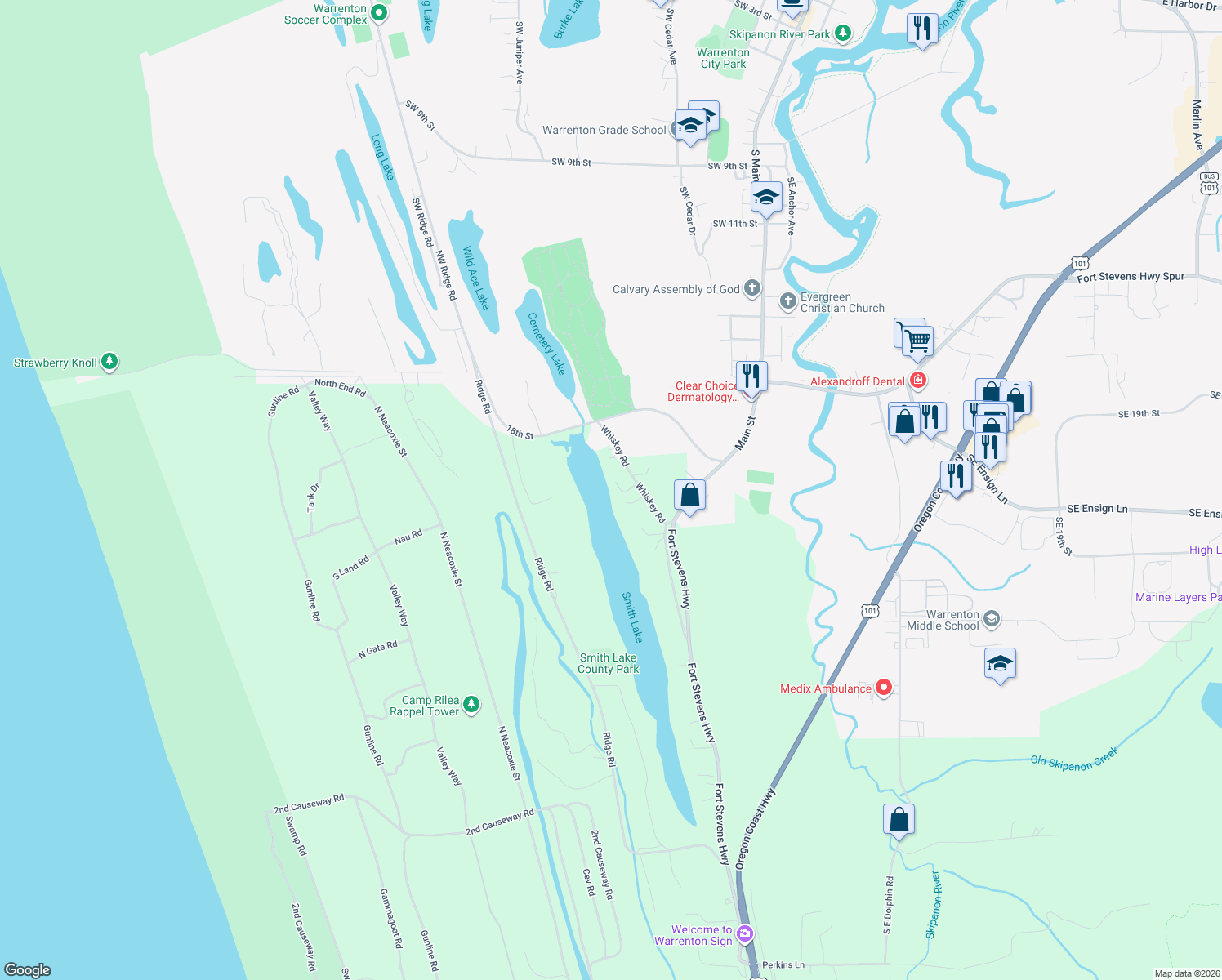 map of restaurants, bars, coffee shops, grocery stores, and more near 92274 Hummingbird Drive in Warrenton