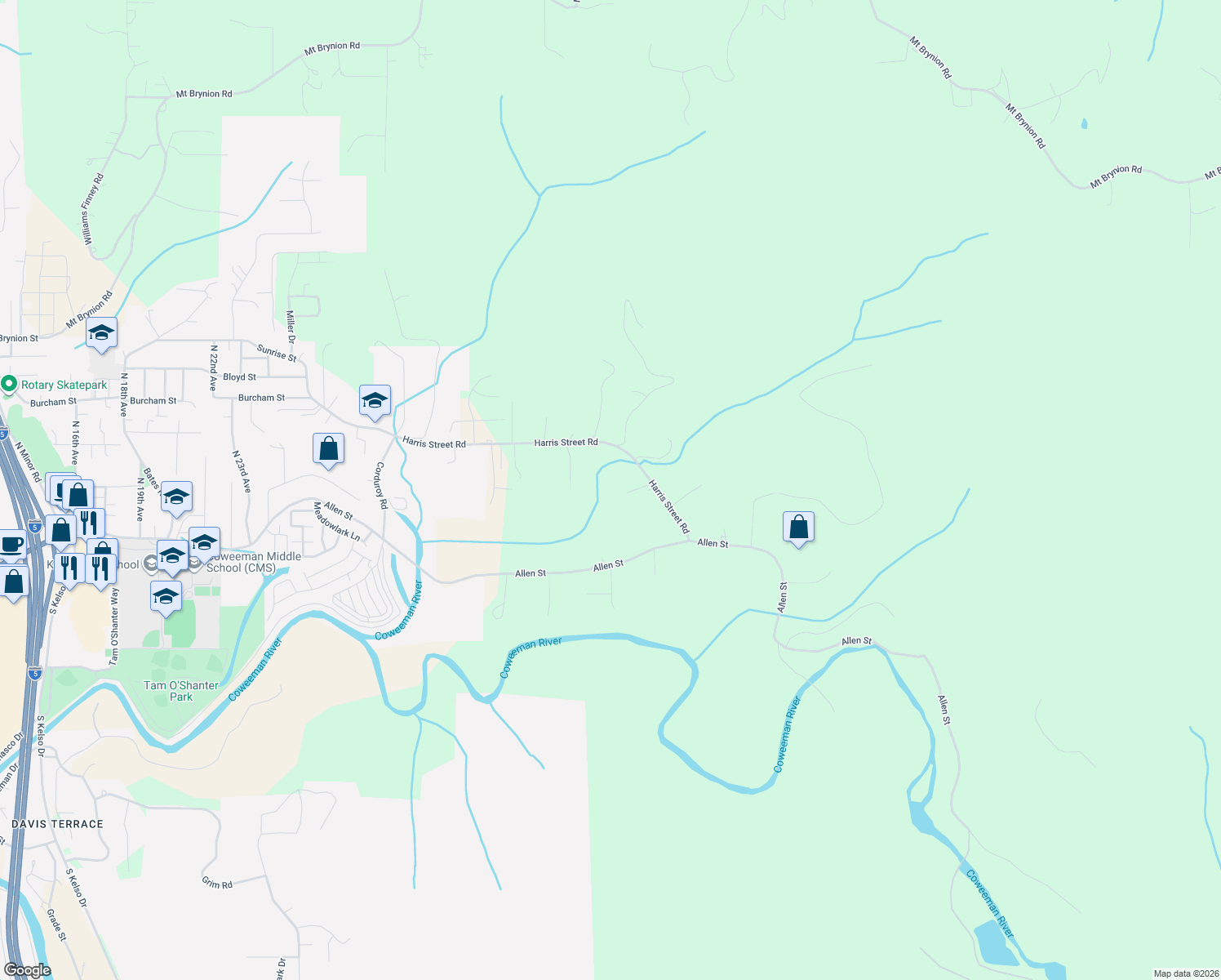 map of restaurants, bars, coffee shops, grocery stores, and more near 3141 Harris Street Road in Kelso