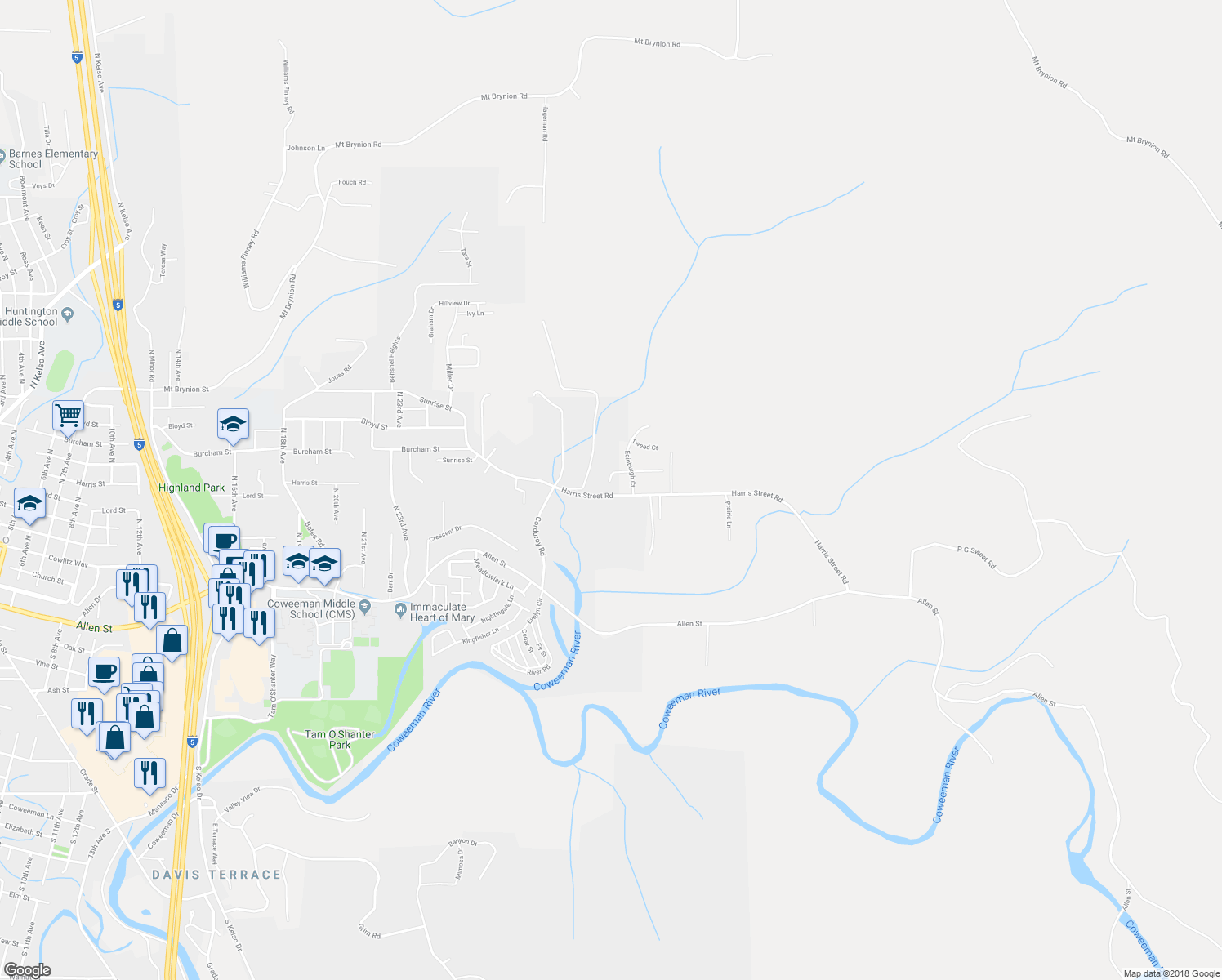map of restaurants, bars, coffee shops, grocery stores, and more near 2648 Robert Court in Kelso