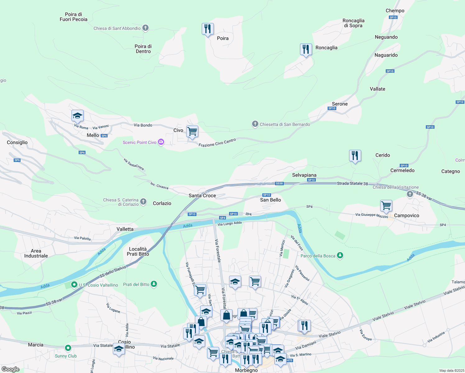 map of restaurants, bars, coffee shops, grocery stores, and more near 18 Frazione Santa Croce in Santa Croce