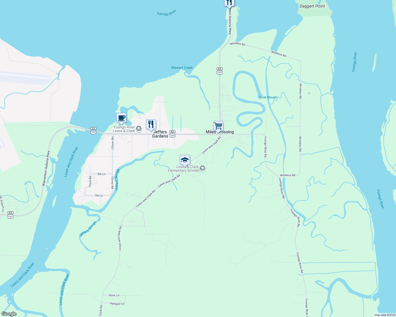 map of restaurants, bars, coffee shops, grocery stores, and more near 92241 Lewis and Clark Road in Seaside