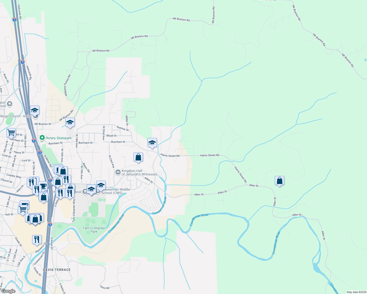 map of restaurants, bars, coffee shops, grocery stores, and more near 2704 Glen More Street in Kelso