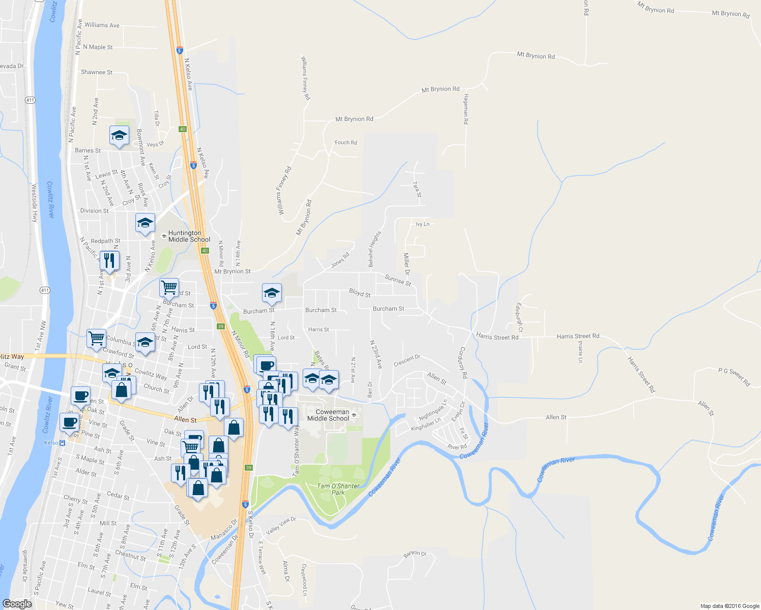 map of restaurants, bars, coffee shops, grocery stores, and more near 2305 Burcham Street in Kelso