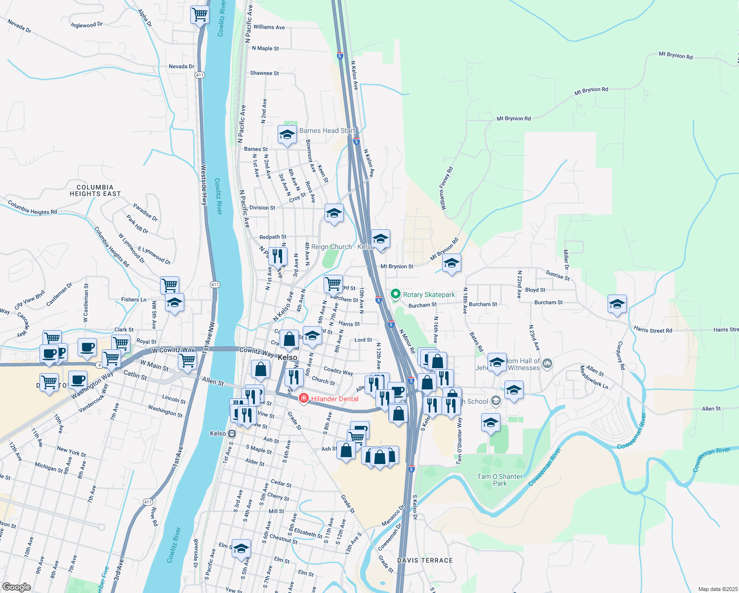 map of restaurants, bars, coffee shops, grocery stores, and more near 1005 Burcham Street in Kelso