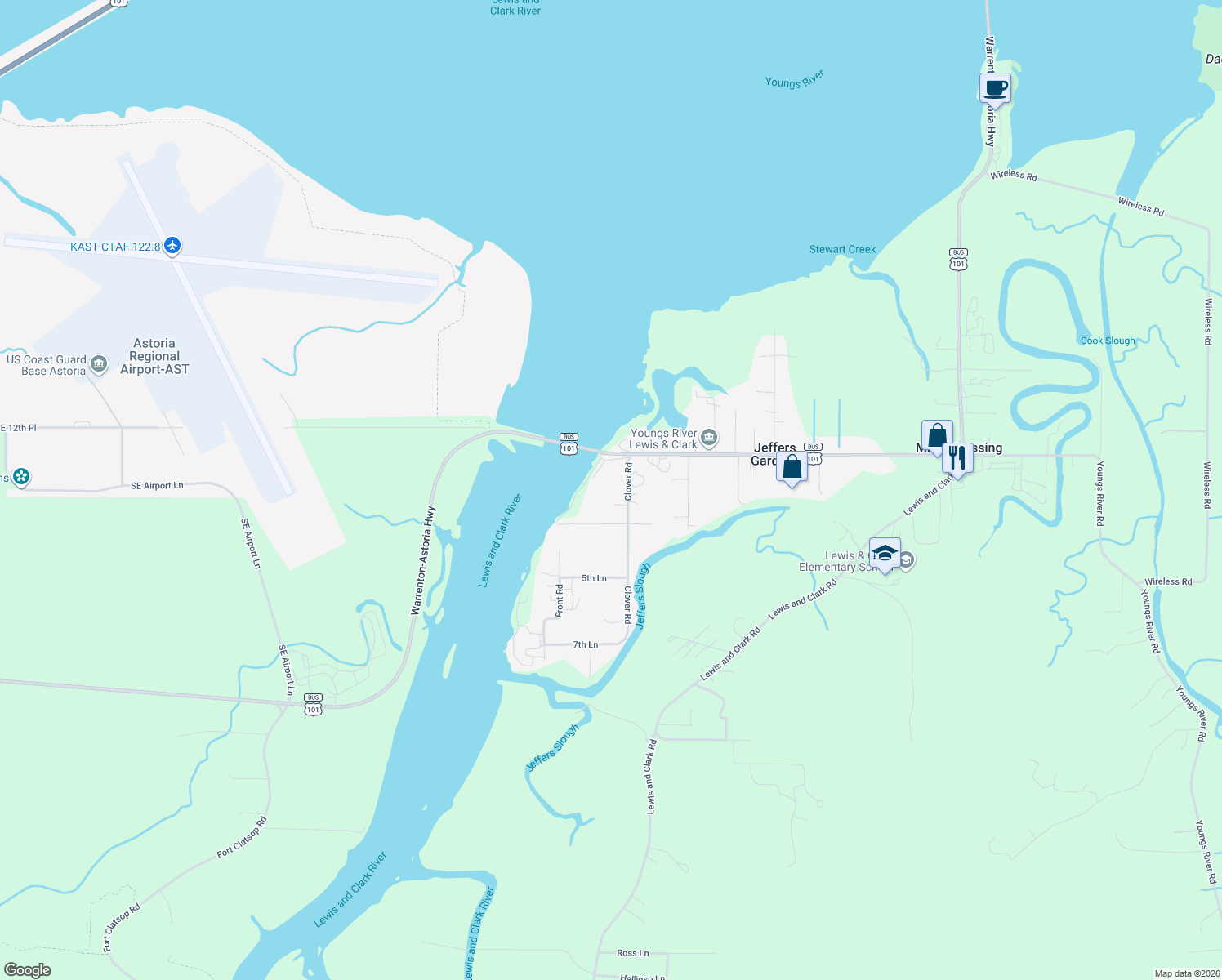 map of restaurants, bars, coffee shops, grocery stores, and more near 92330 Clover Road in Astoria