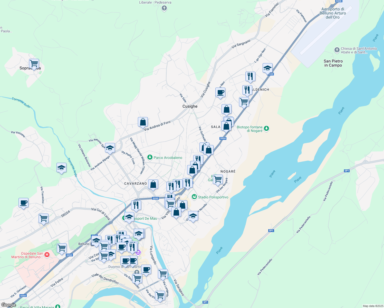 map of restaurants, bars, coffee shops, grocery stores, and more near 29 Via Tito Livio Burattini in Belluno