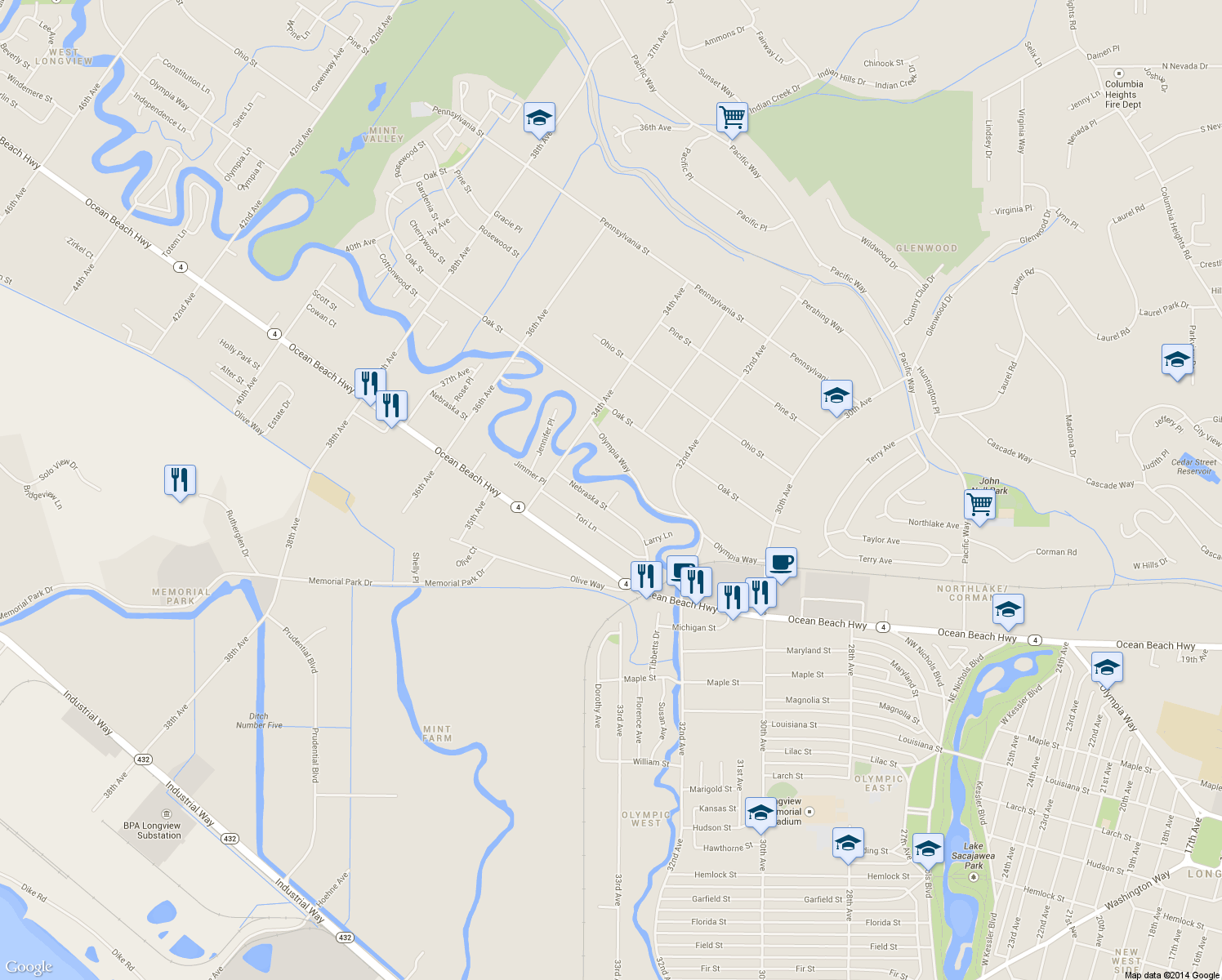 map of restaurants, bars, coffee shops, grocery stores, and more near 7 Linda Lane in Longview
