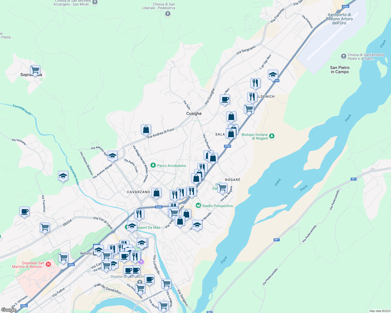 map of restaurants, bars, coffee shops, grocery stores, and more near 29 Via Tito Livio Burattini in Belluno