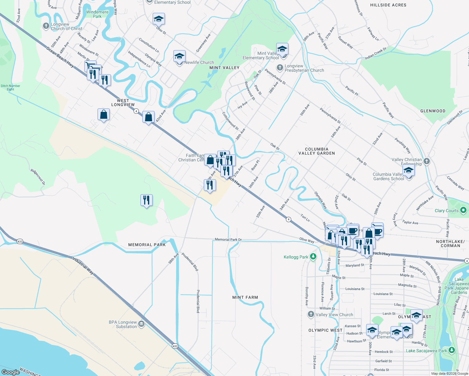 map of restaurants, bars, coffee shops, grocery stores, and more near 3615 Ocean Beach Highway in Longview