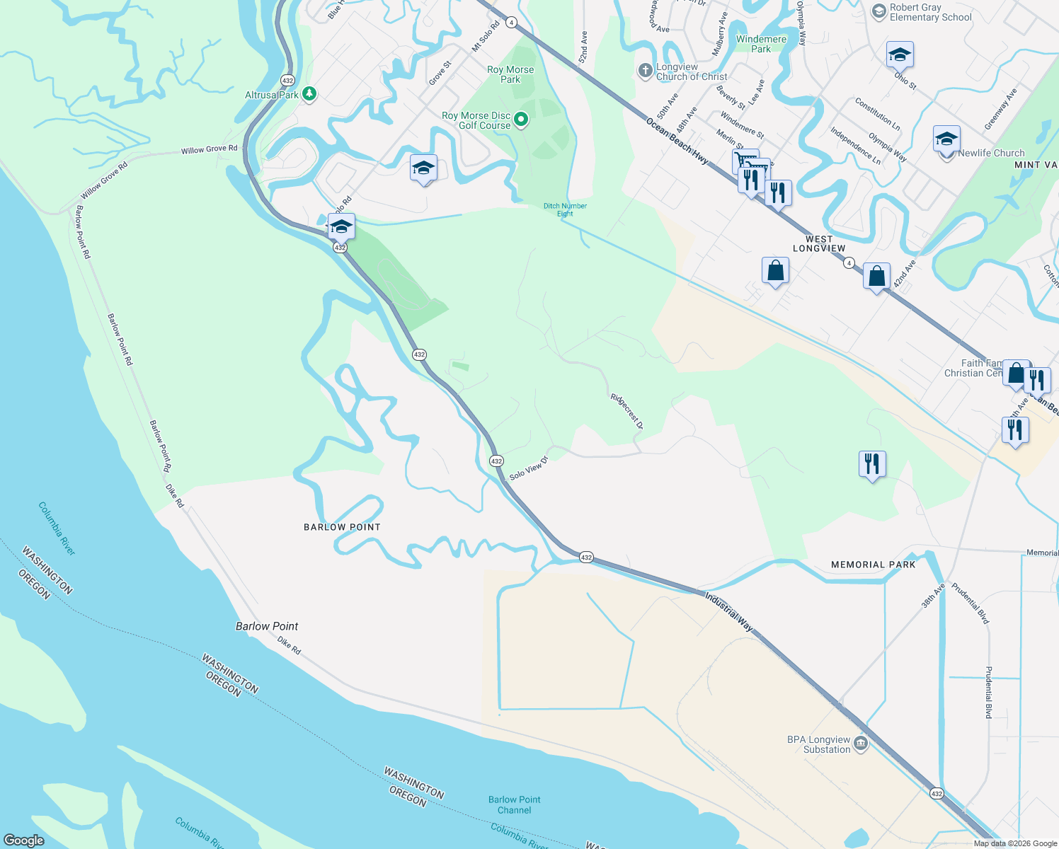 map of restaurants, bars, coffee shops, grocery stores, and more near 4724 Solo Meadows Lane in Longview
