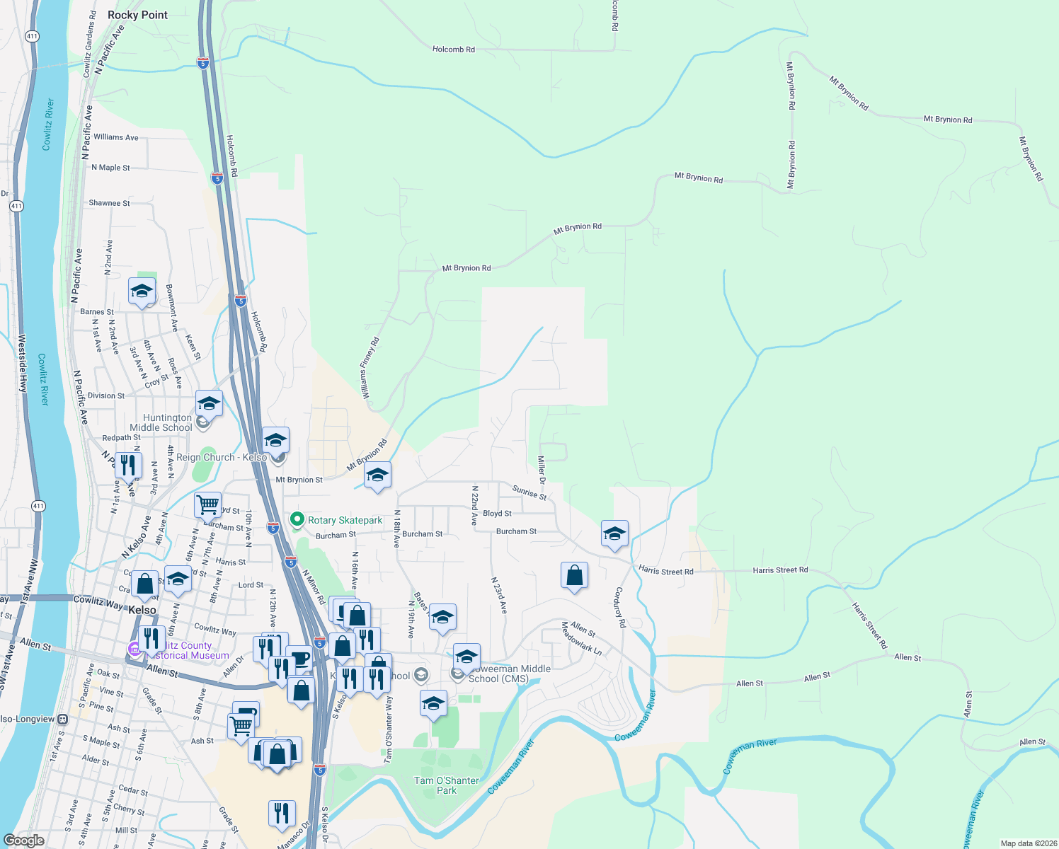 map of restaurants, bars, coffee shops, grocery stores, and more near 1410 Graham Drive in Kelso
