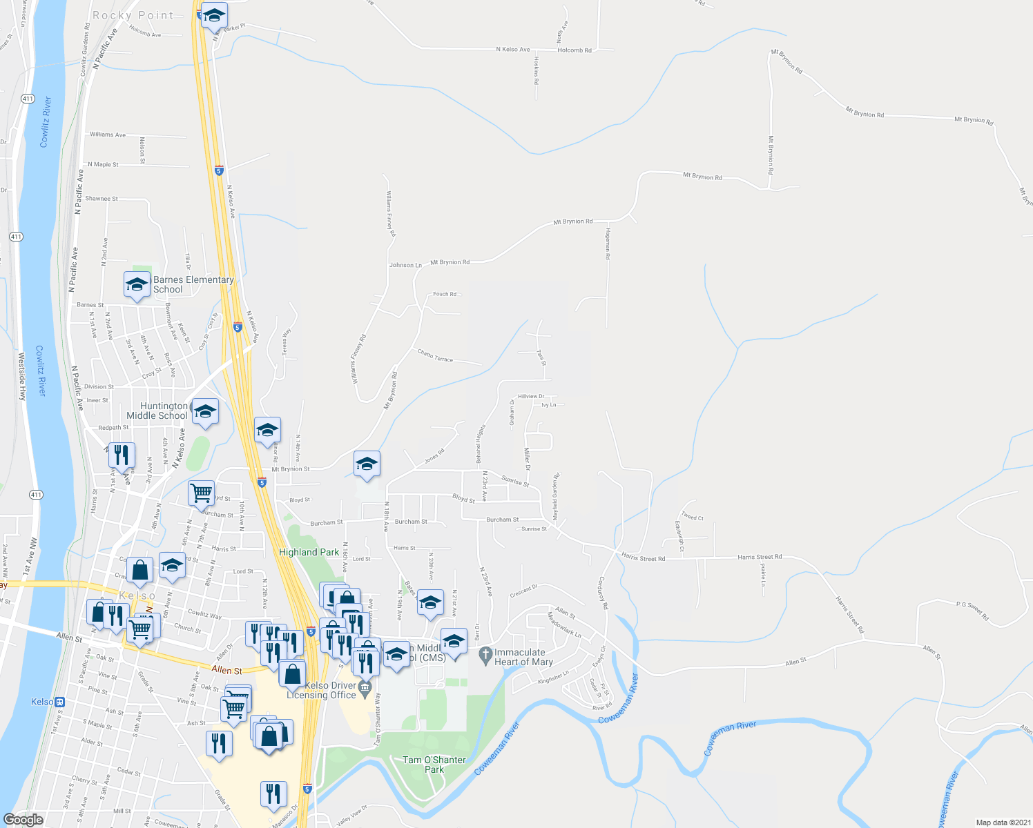 map of restaurants, bars, coffee shops, grocery stores, and more near 1410 Graham Drive in Kelso
