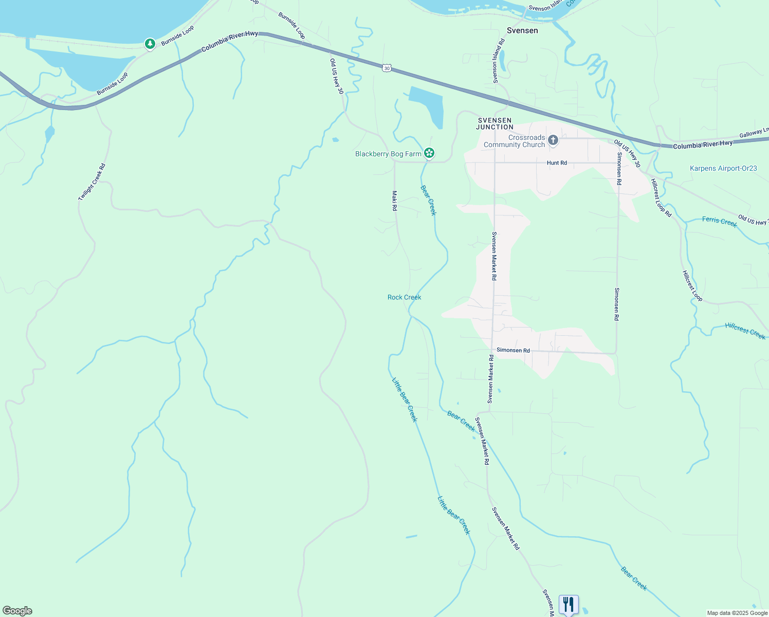 map of restaurants, bars, coffee shops, grocery stores, and more near 92357 Maki Rd in Astoria
