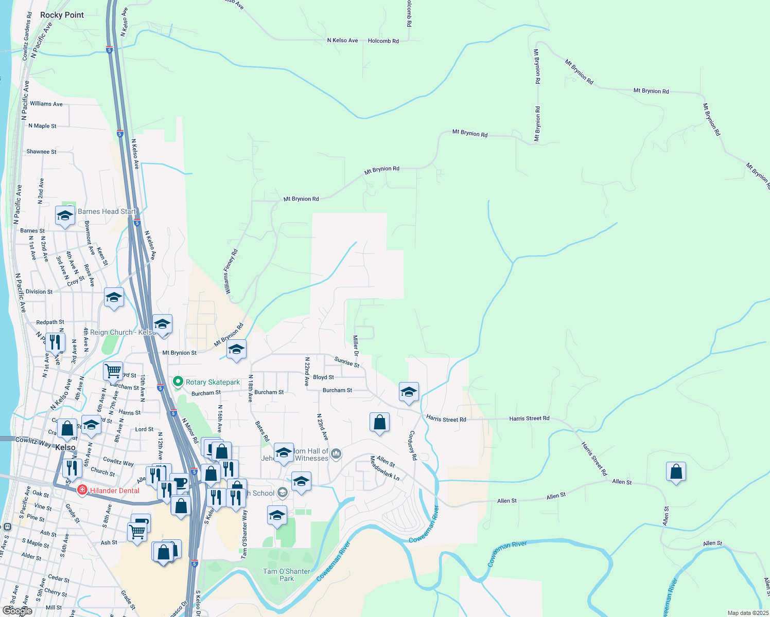 map of restaurants, bars, coffee shops, grocery stores, and more near 2420 Ivy Lane in Kelso