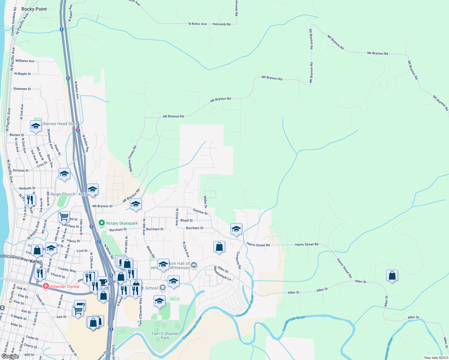 map of restaurants, bars, coffee shops, grocery stores, and more near 2420 Ivy Lane in Kelso