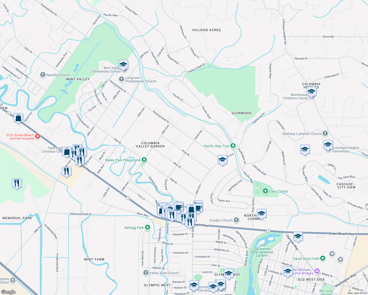 map of restaurants, bars, coffee shops, grocery stores, and more near 3212 Pine St in Longview