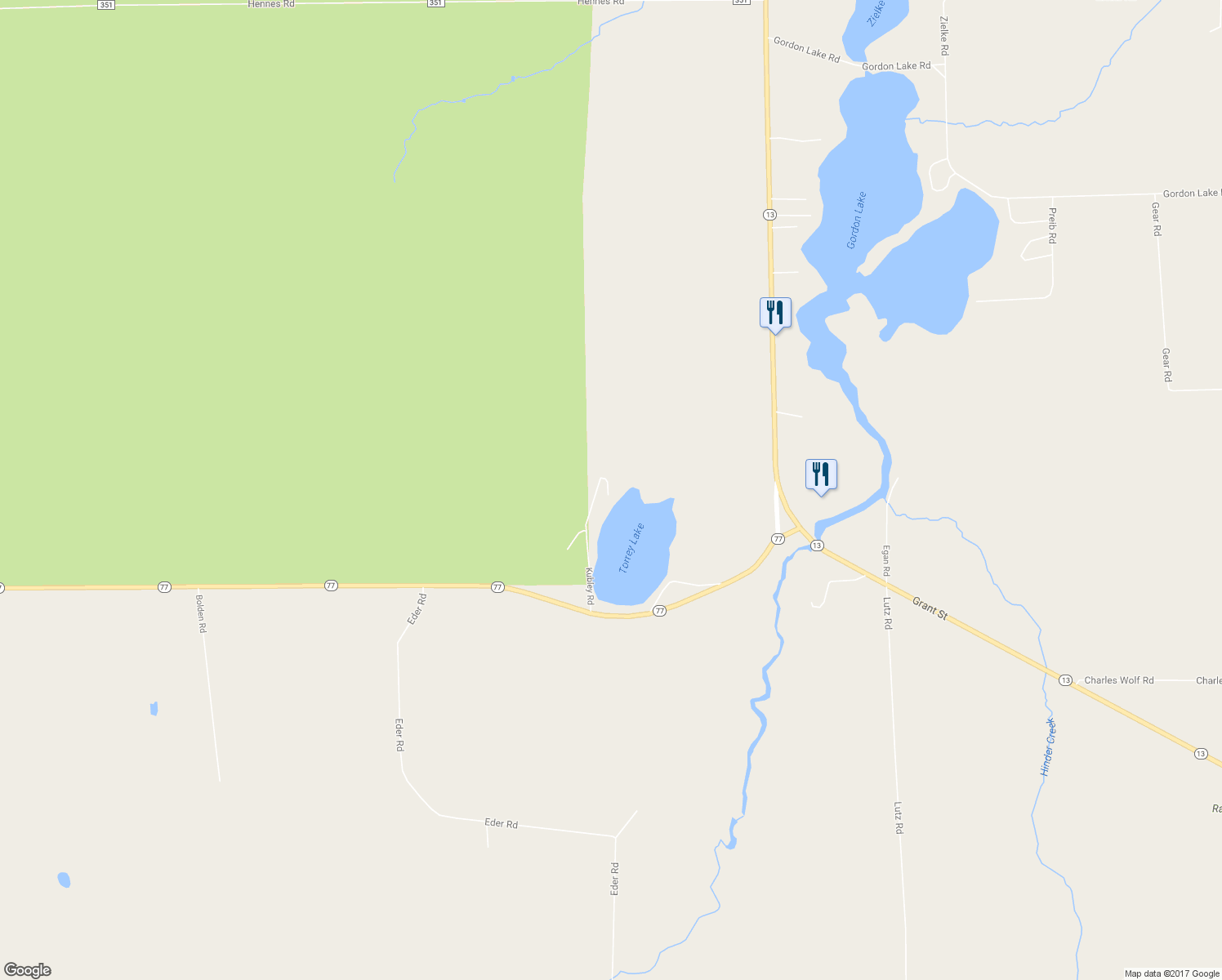 map of restaurants, bars, coffee shops, grocery stores, and more near 23274 Kubley Road in Glidden