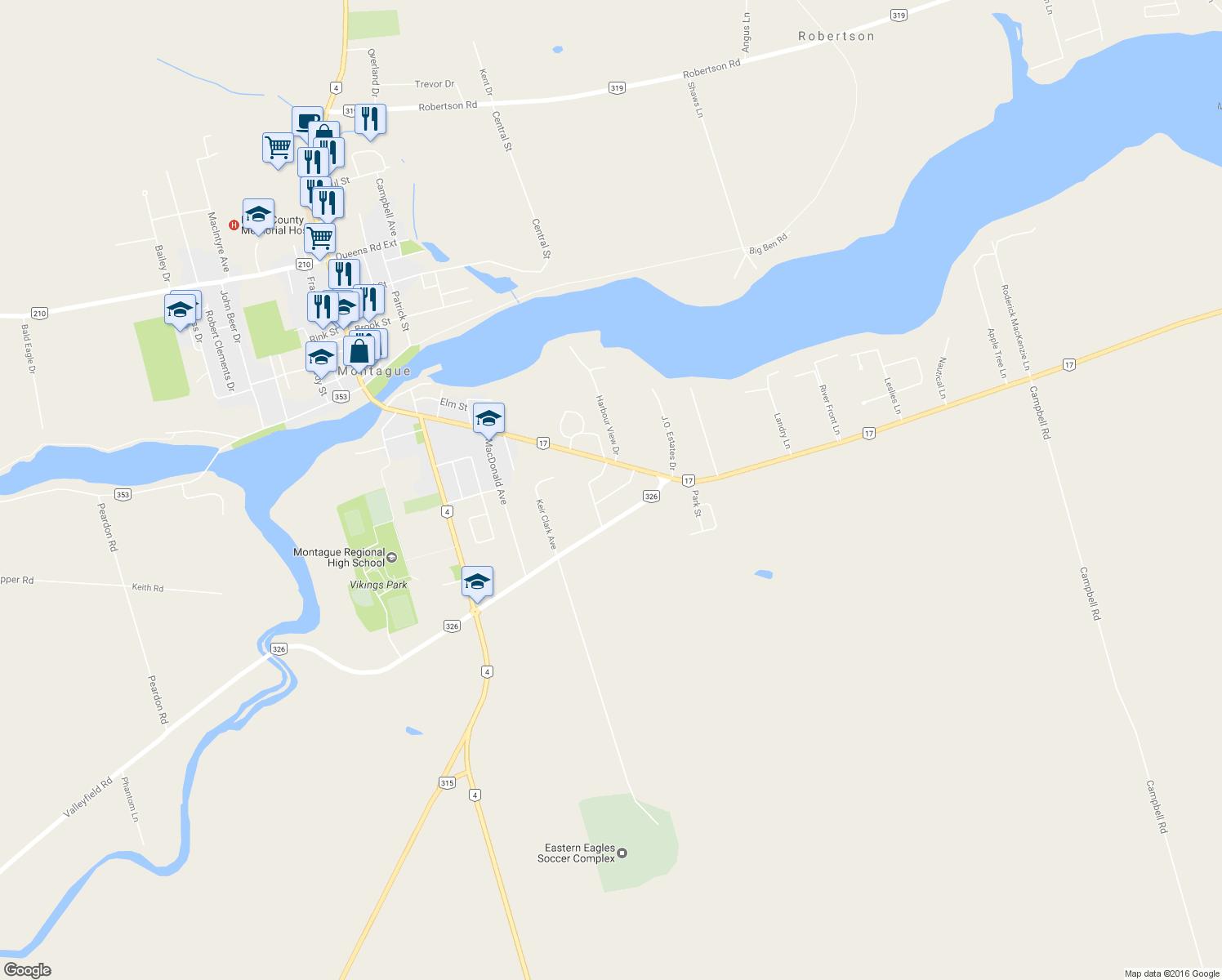 map of restaurants, bars, coffee shops, grocery stores, and more near 9 Donald MacLeod Drive in Montague