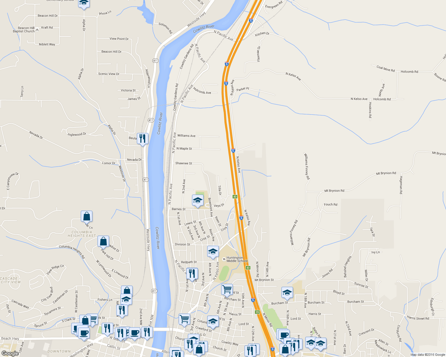 map of restaurants, bars, coffee shops, grocery stores, and more near 52 Veys Drive in Kelso
