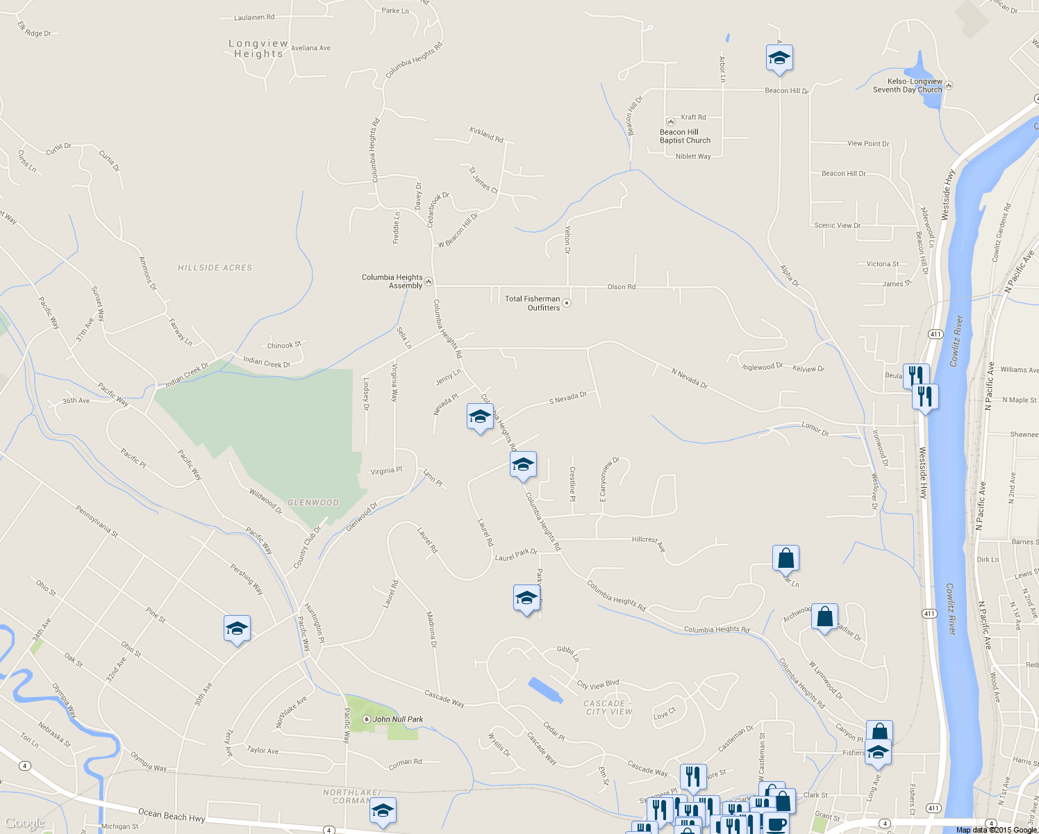 map of restaurants, bars, coffee shops, grocery stores, and more near 932 South Nevada Drive in Longview