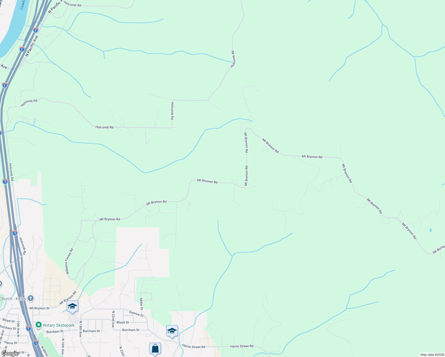map of restaurants, bars, coffee shops, grocery stores, and more near 2605 Mount Brynion Road in Kelso