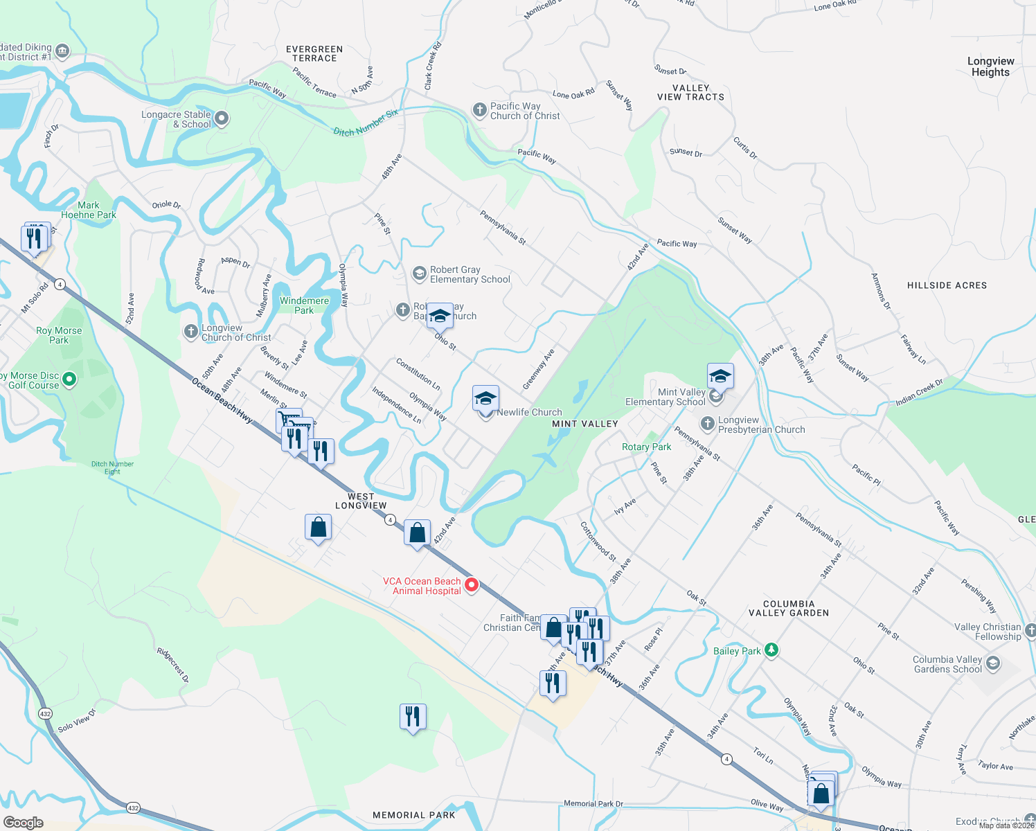 map of restaurants, bars, coffee shops, grocery stores, and more near 2461 42nd Ave in Longview
