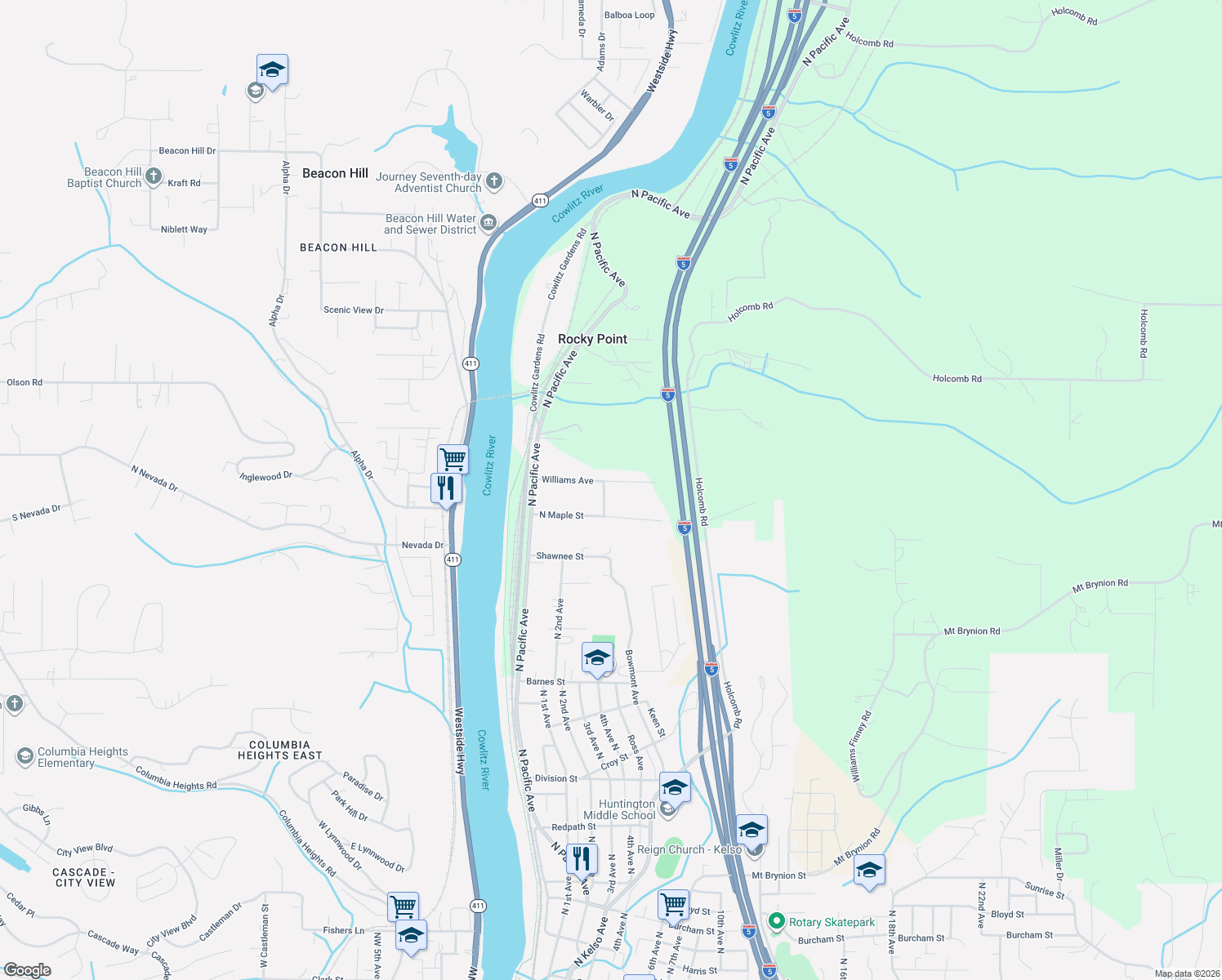 map of restaurants, bars, coffee shops, grocery stores, and more near 102 Nelson Street in Kelso