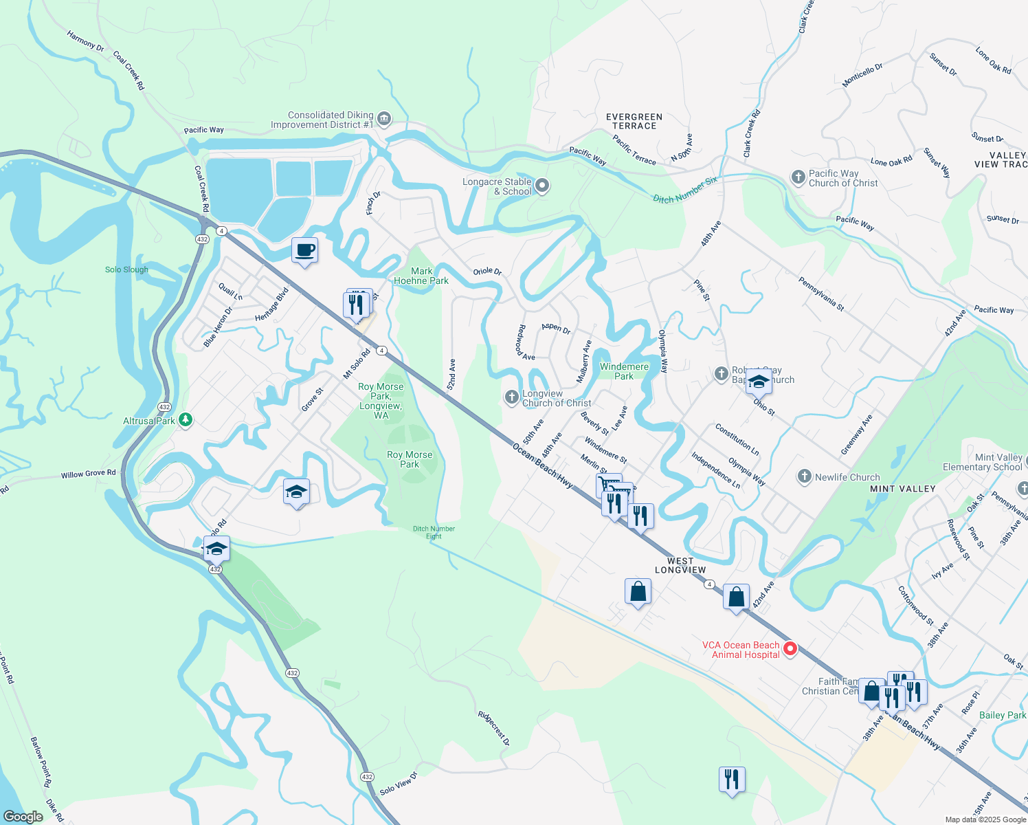 map of restaurants, bars, coffee shops, grocery stores, and more near 2219 50th Ave in Longview