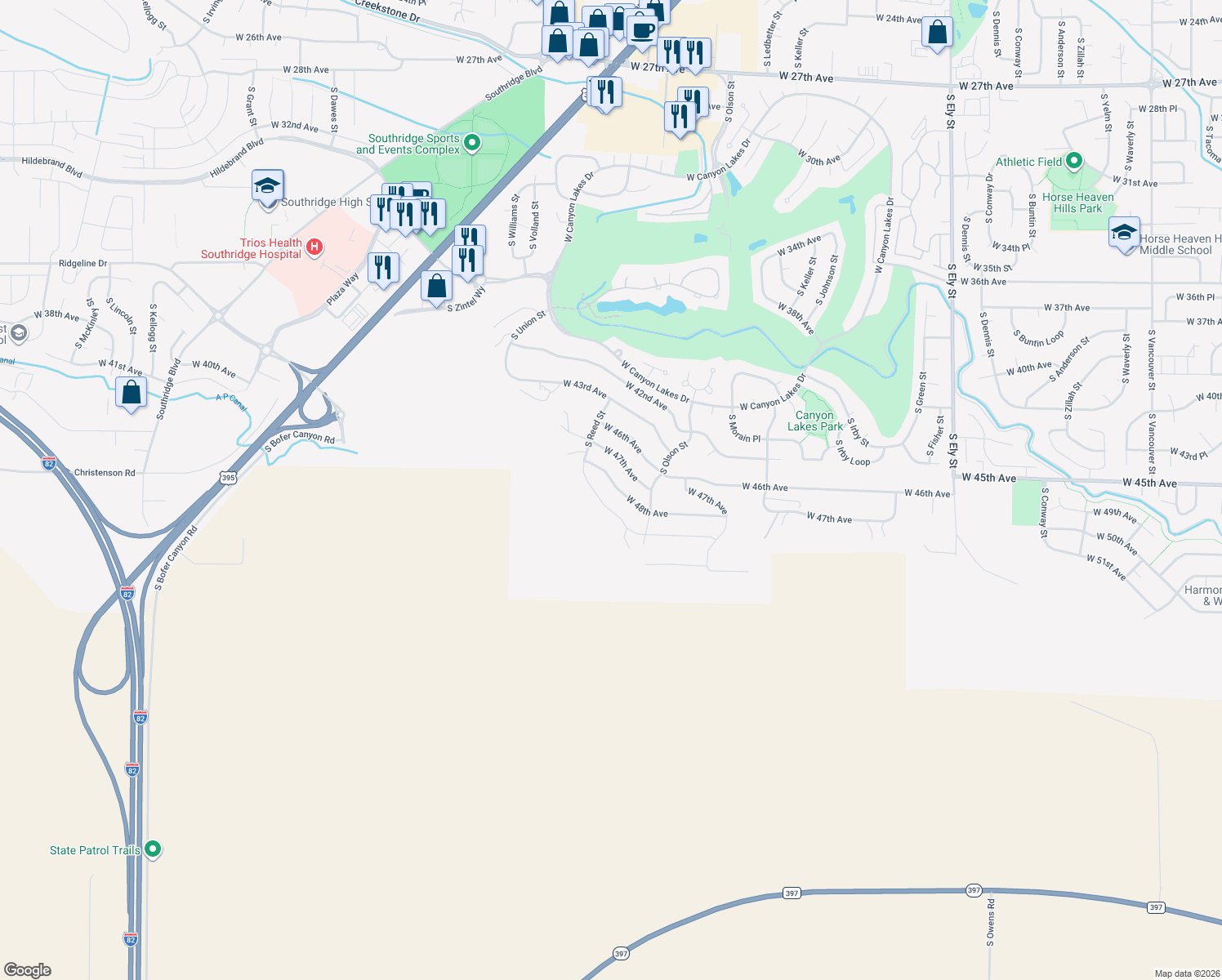 map of restaurants, bars, coffee shops, grocery stores, and more near 3901 West 48th Avenue in Kennewick