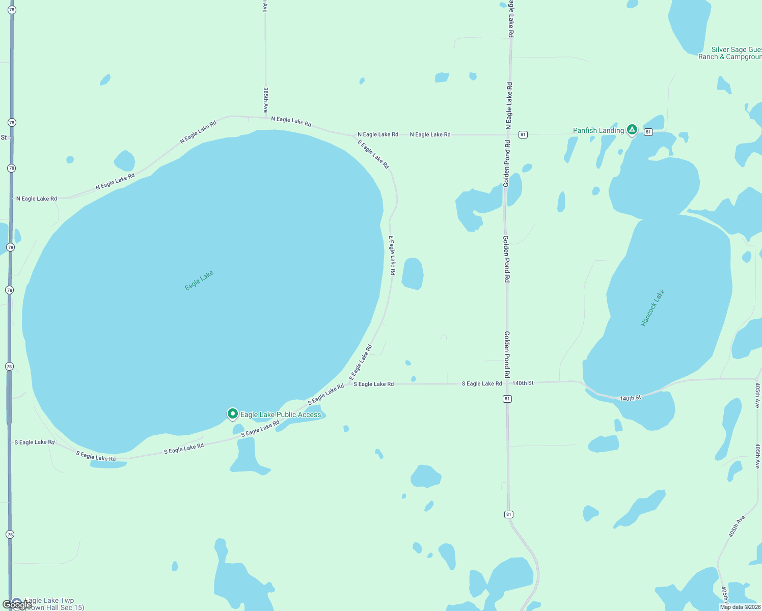 map of restaurants, bars, coffee shops, grocery stores, and more near 14299 East Eagle Lake Road in Battle Lake