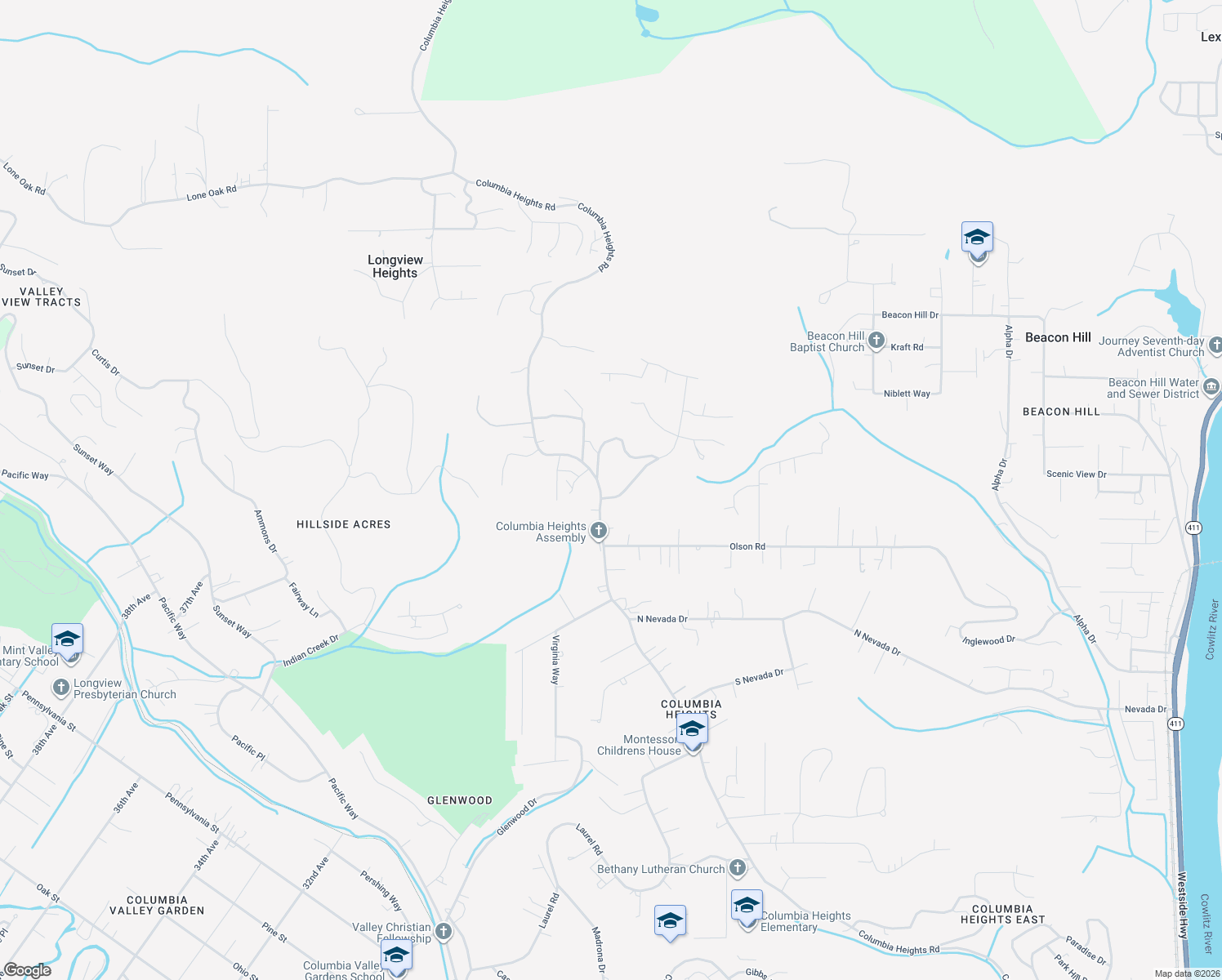 map of restaurants, bars, coffee shops, grocery stores, and more near 3632 Columbia Heights Road in Longview