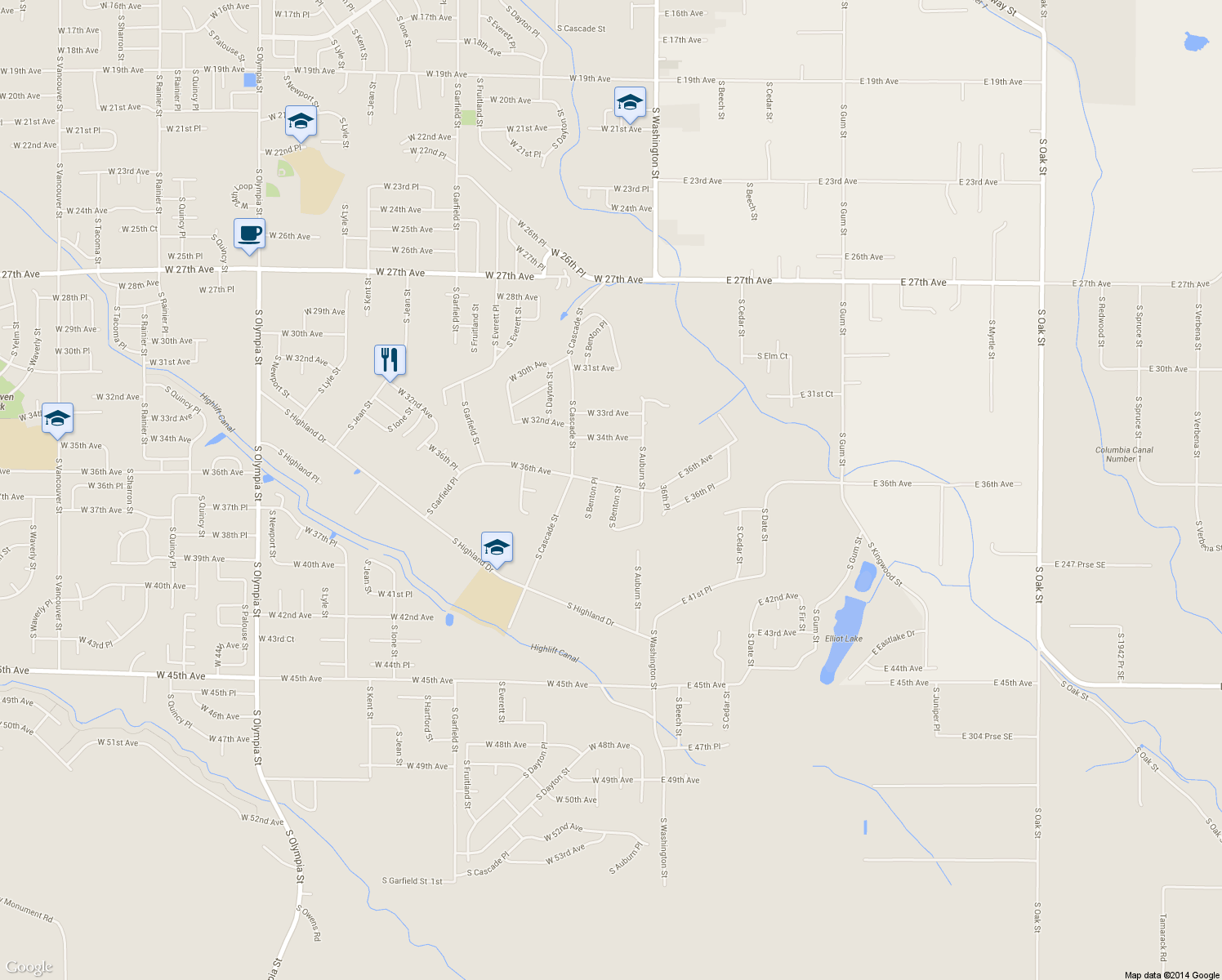 map of restaurants, bars, coffee shops, grocery stores, and more near 3602 South Benton Street in Kennewick