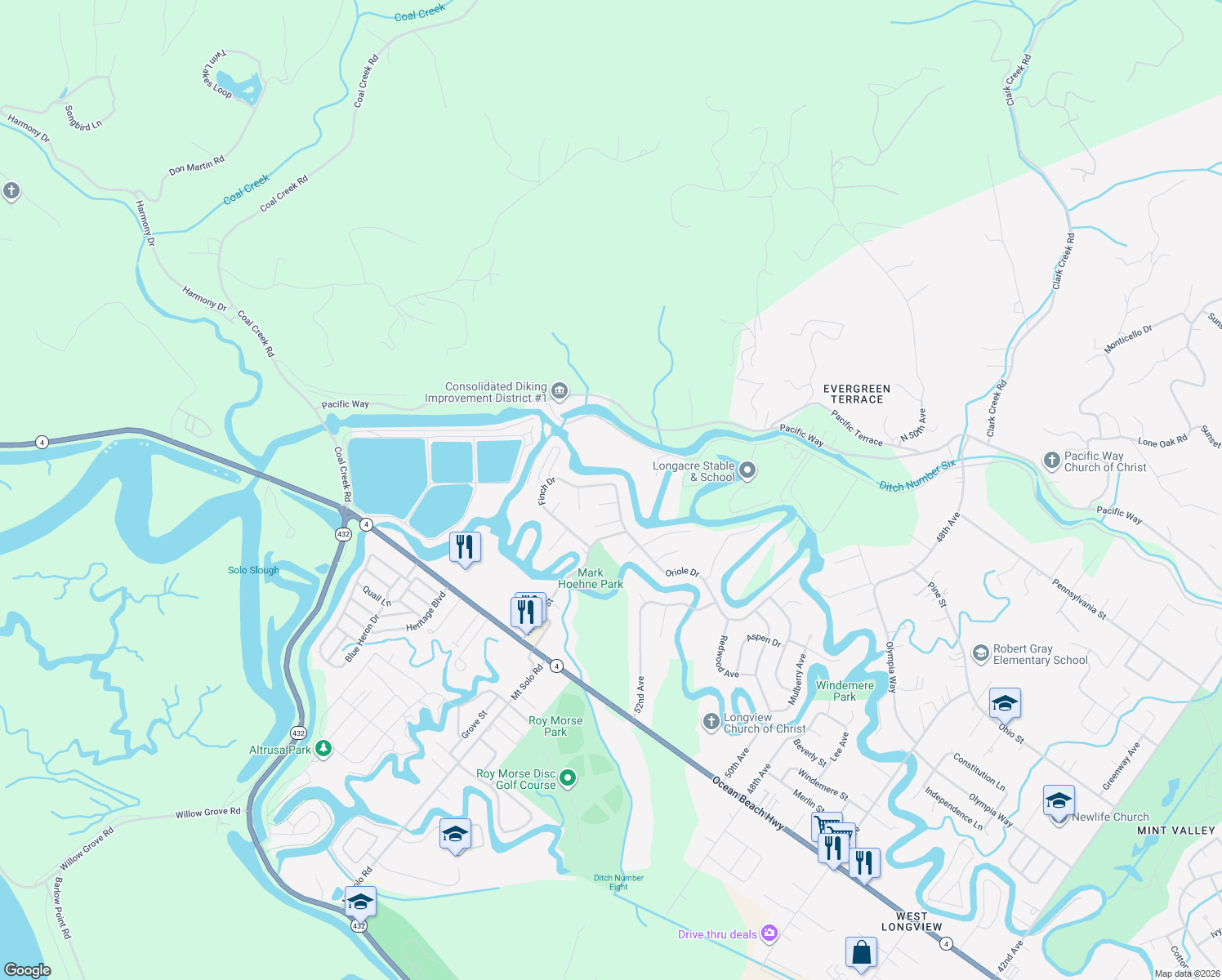 map of restaurants, bars, coffee shops, grocery stores, and more near 5660 Finch Drive in Longview
