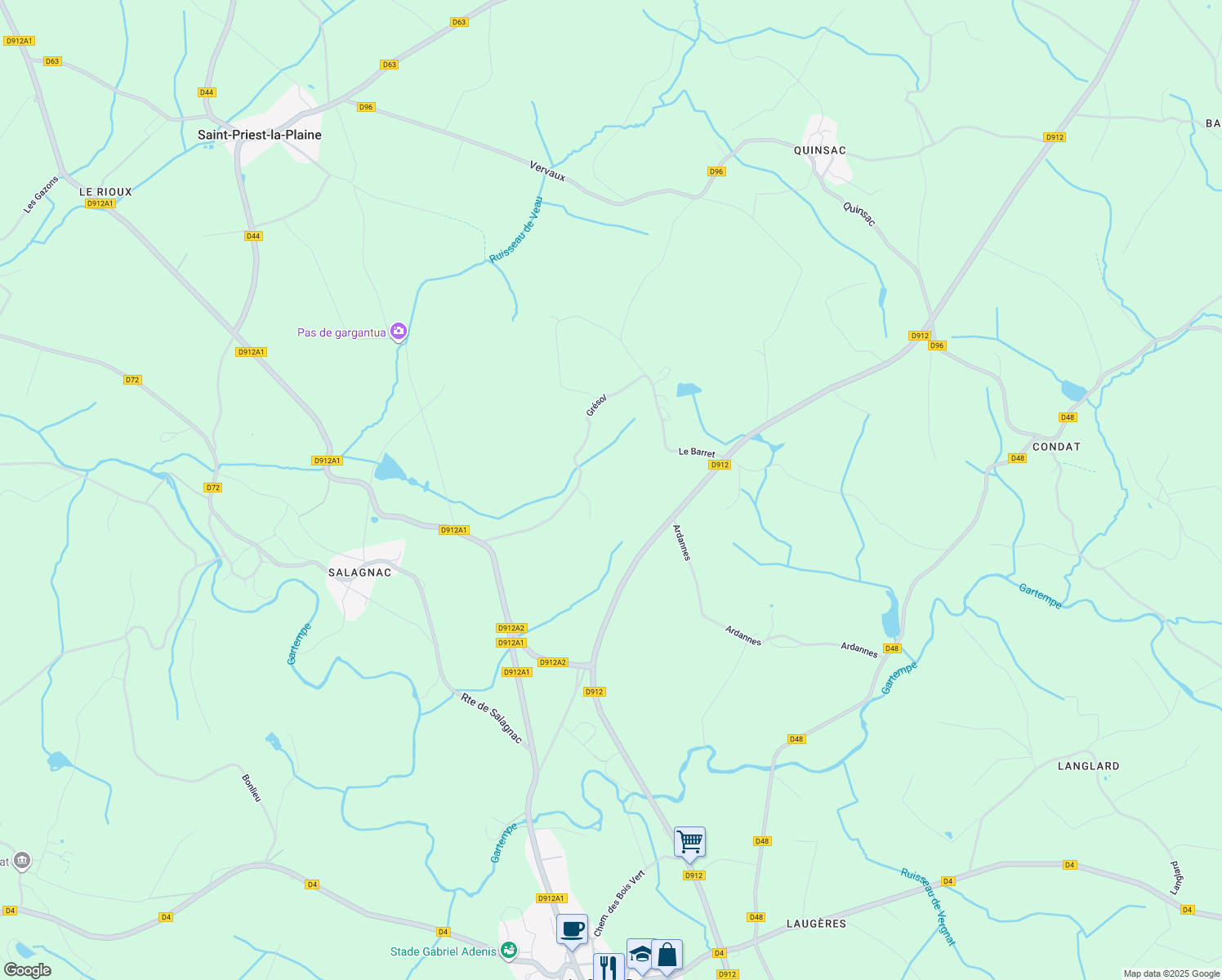 map of restaurants, bars, coffee shops, grocery stores, and more near in Le Grand-Bourg