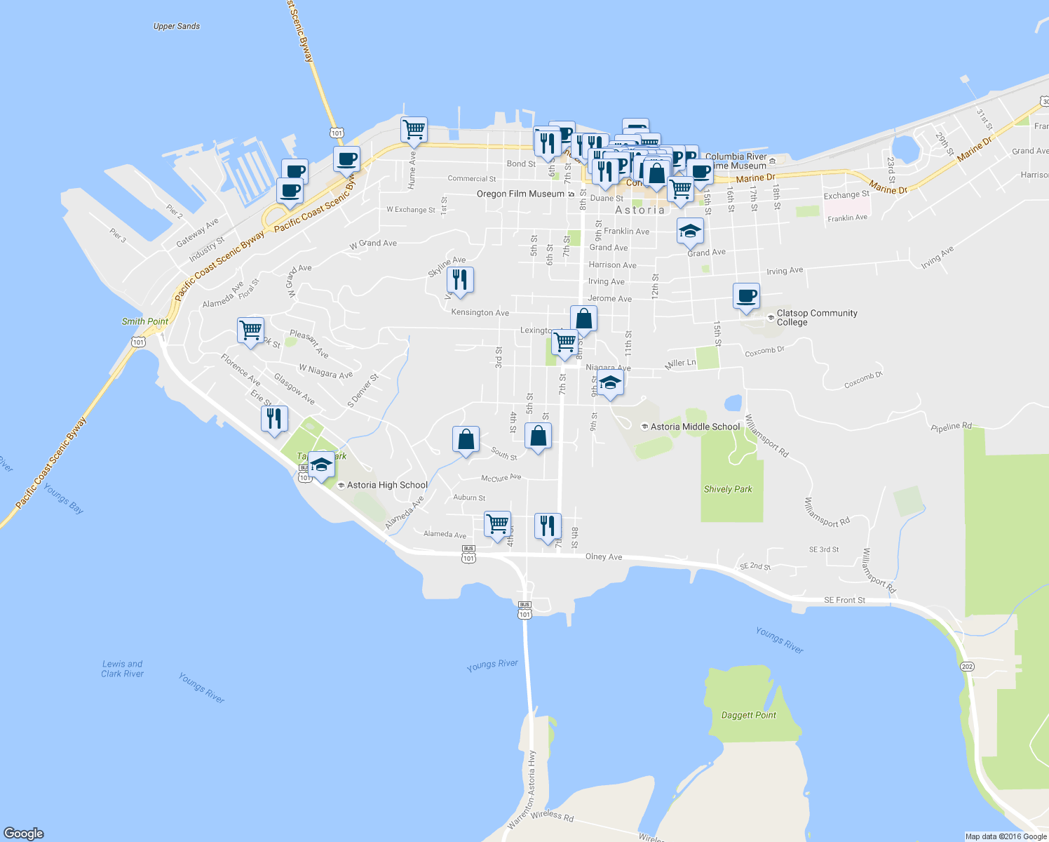 map of restaurants, bars, coffee shops, grocery stores, and more near 1547 5th Street in Astoria