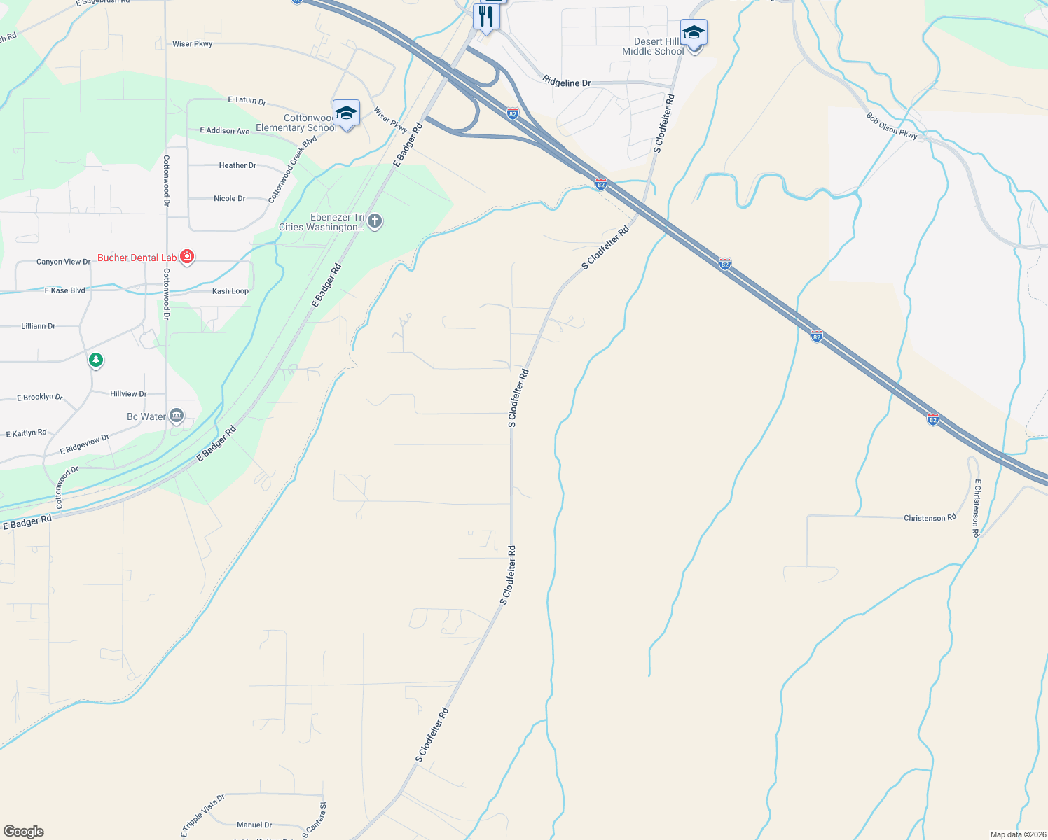 map of restaurants, bars, coffee shops, grocery stores, and more near 22109 South Clodfelter Road in Kennewick