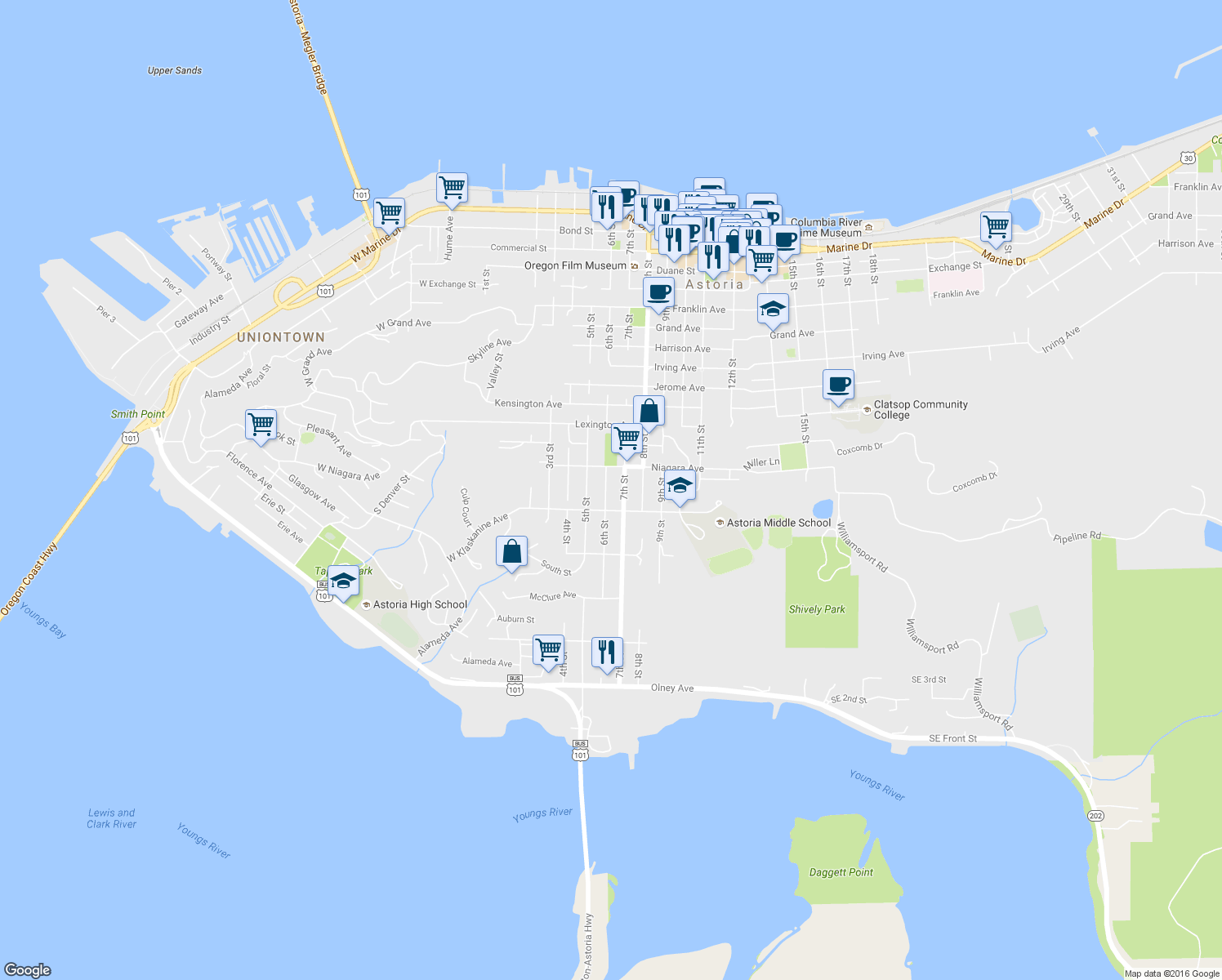 map of restaurants, bars, coffee shops, grocery stores, and more near 1454 6th St in Astoria