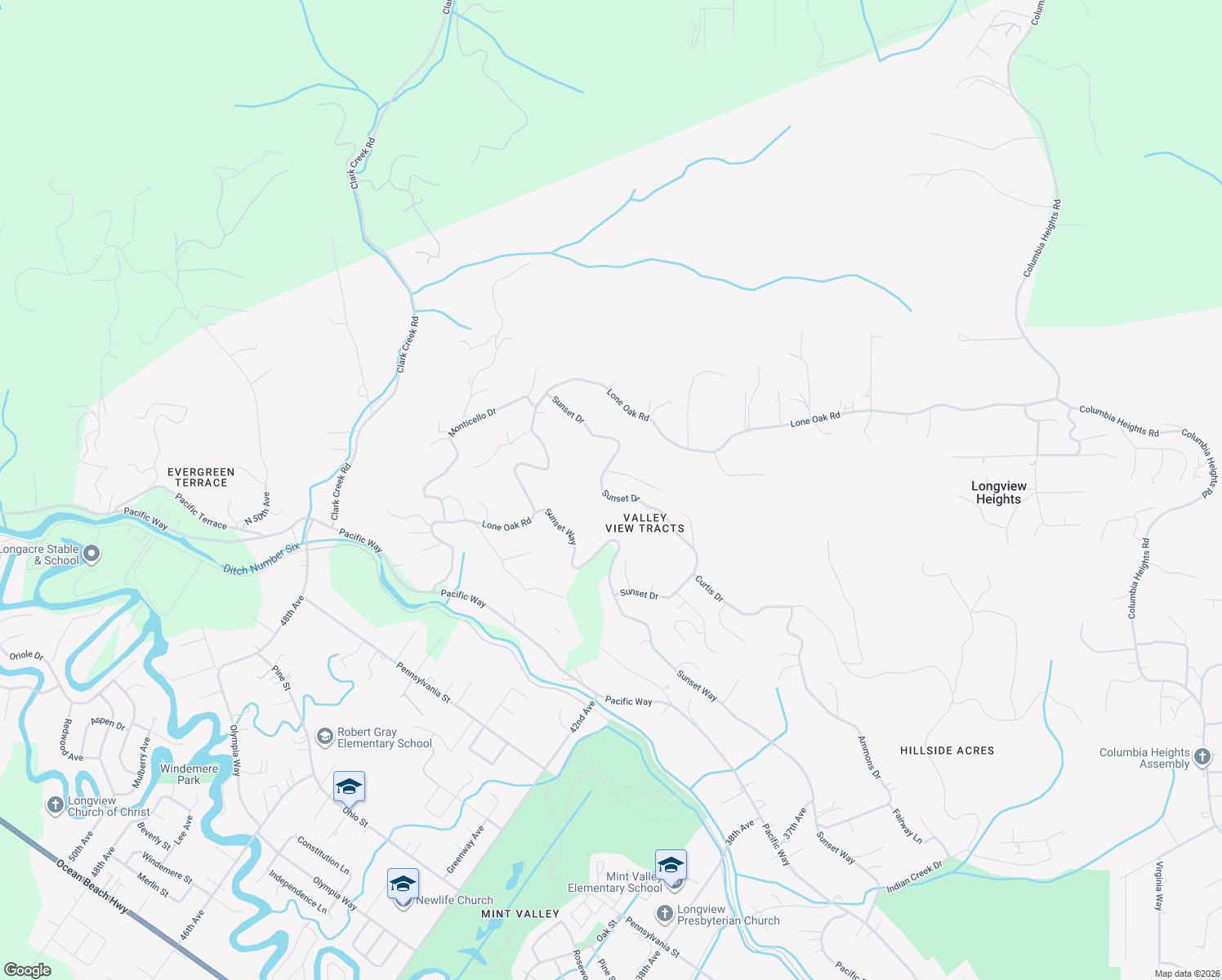 map of restaurants, bars, coffee shops, grocery stores, and more near 101 Sunset Place in Longview